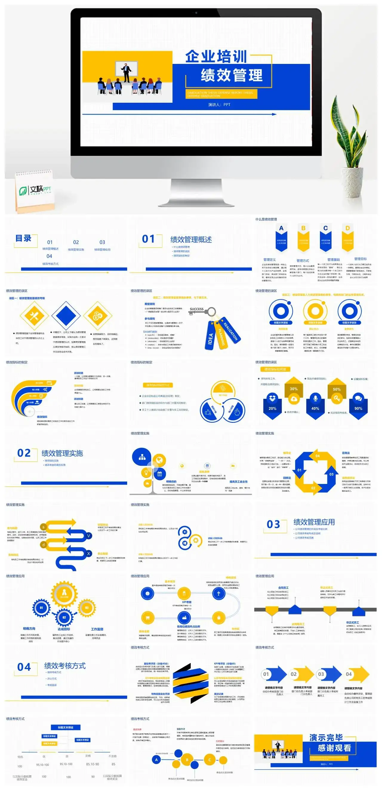 黄蓝色扁平企业培训绩效管理培训PPT模板