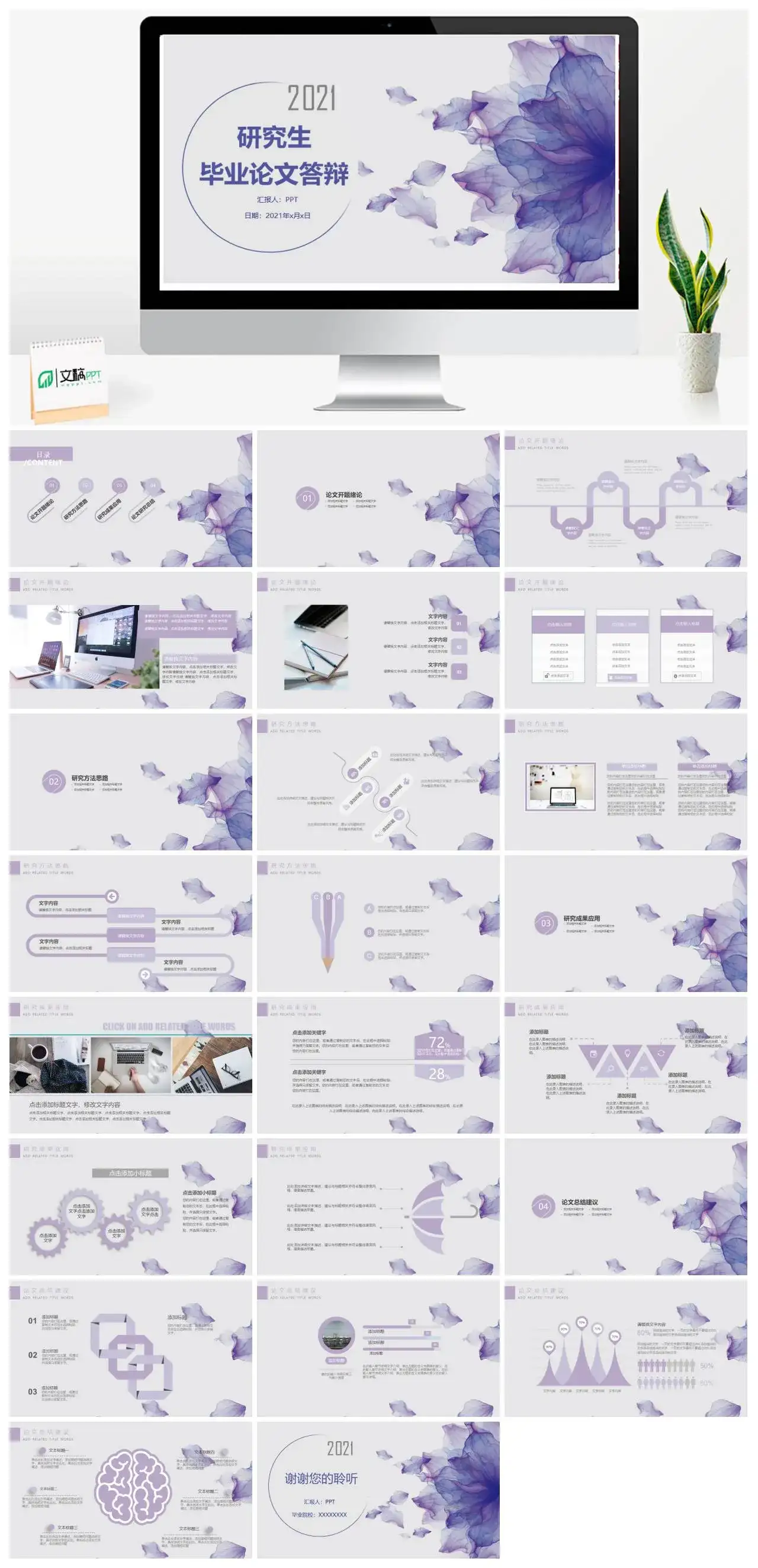 紫色水彩花卉研究生毕业论文答辩PPT模板