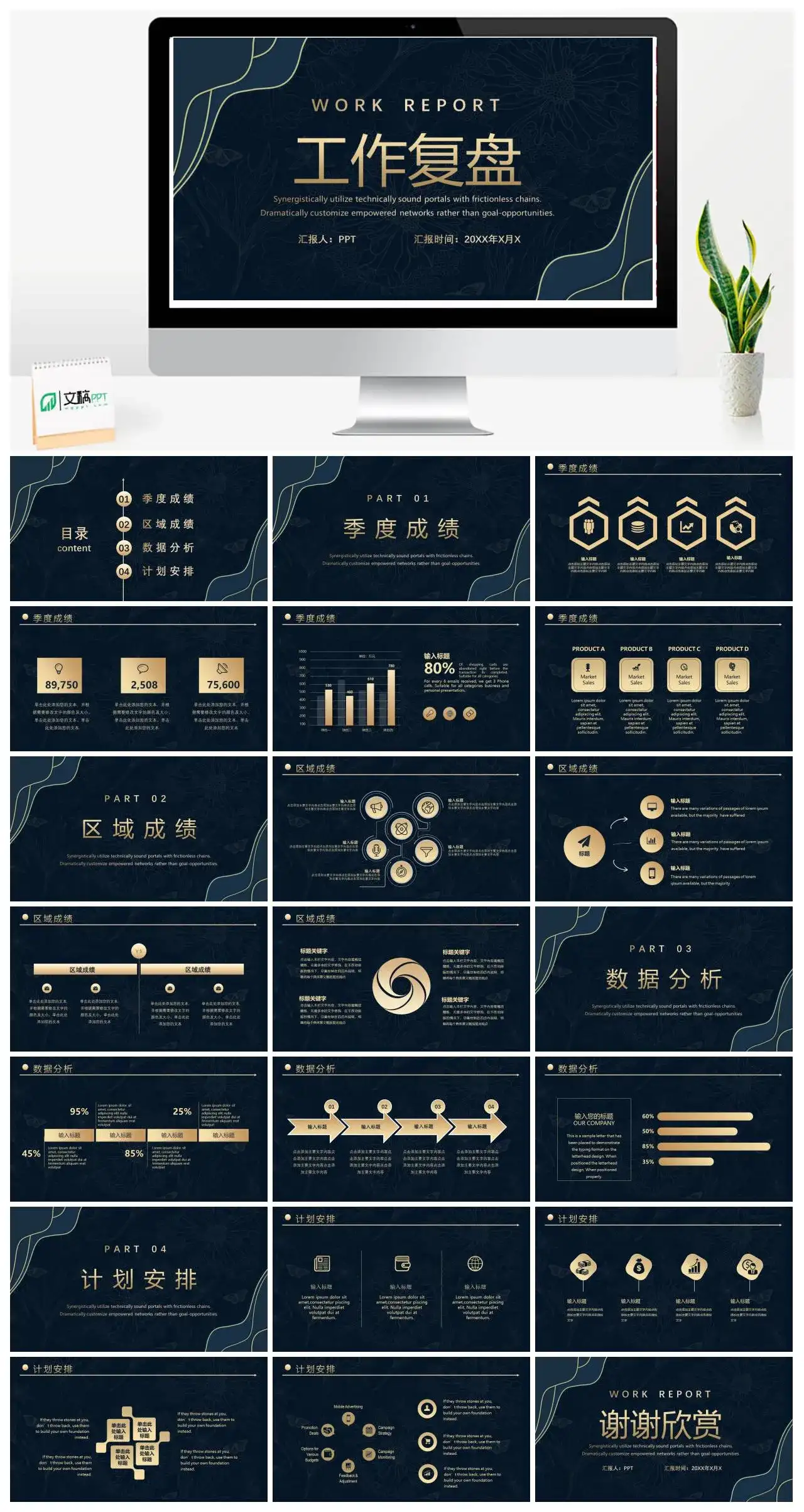 商务复古简约大气黑金工作复盘PPT模板