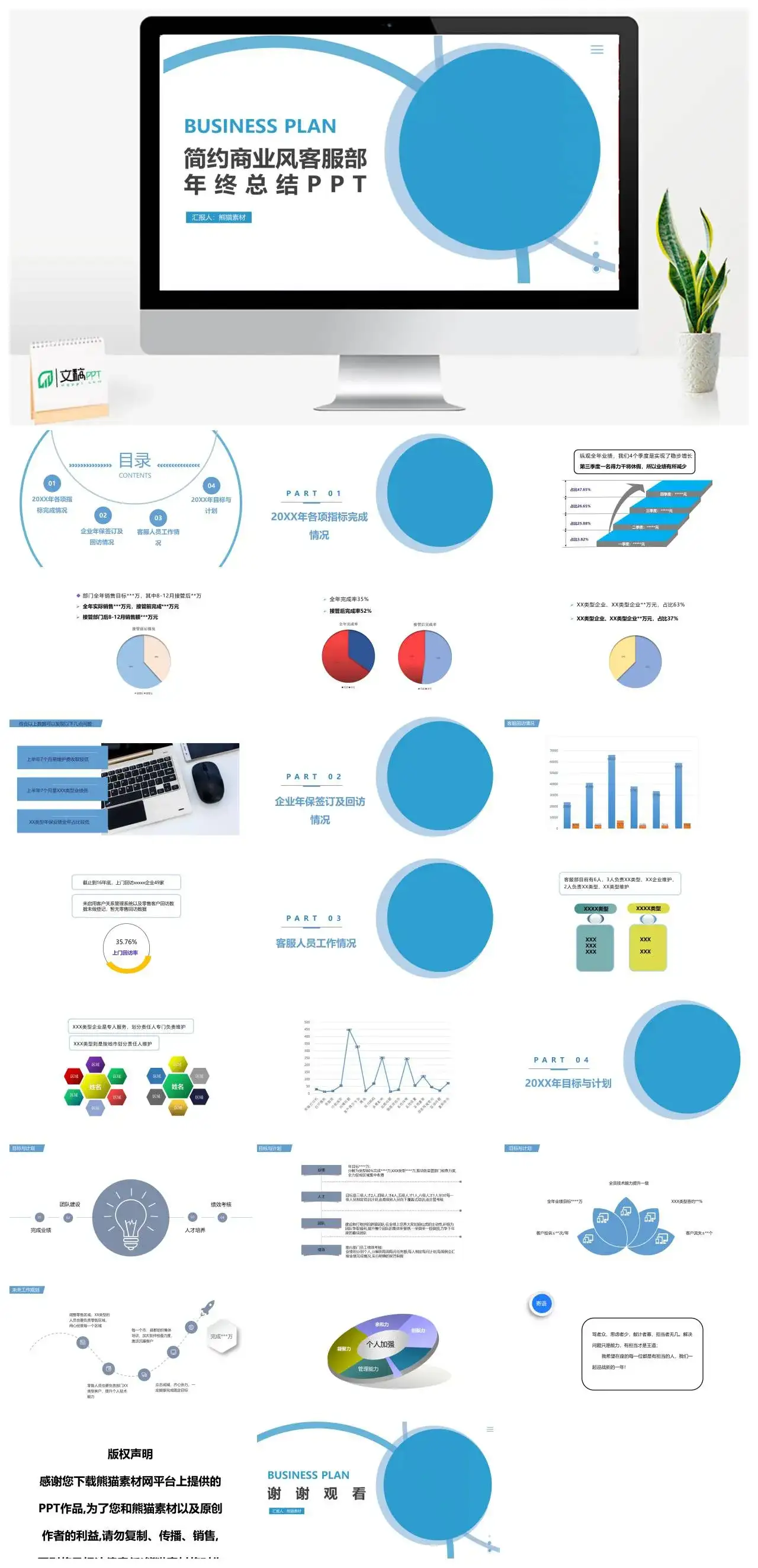 简约蓝色商务风客服部年终总结工作计划PPT模板