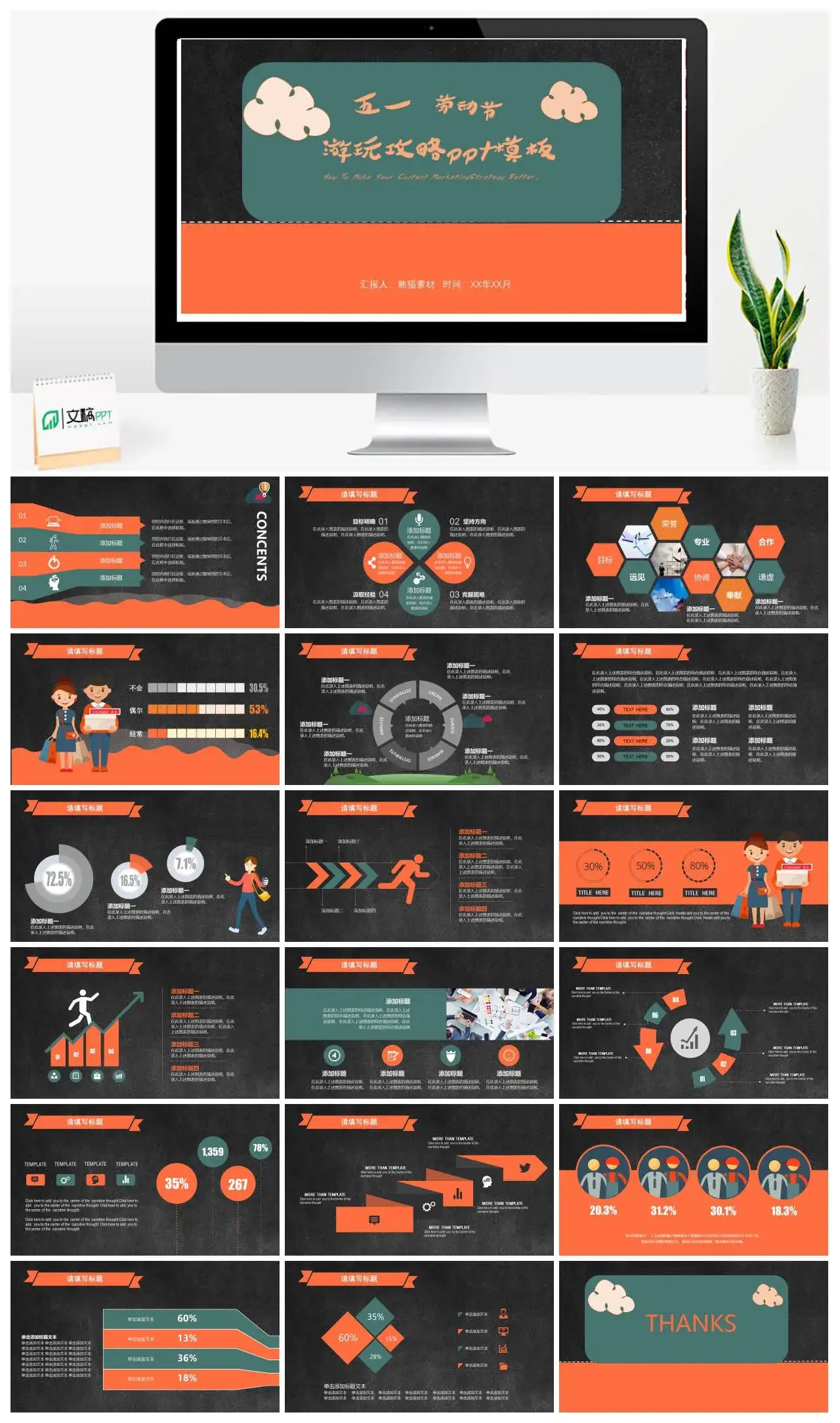 五一劳动节游玩攻略PPT模板