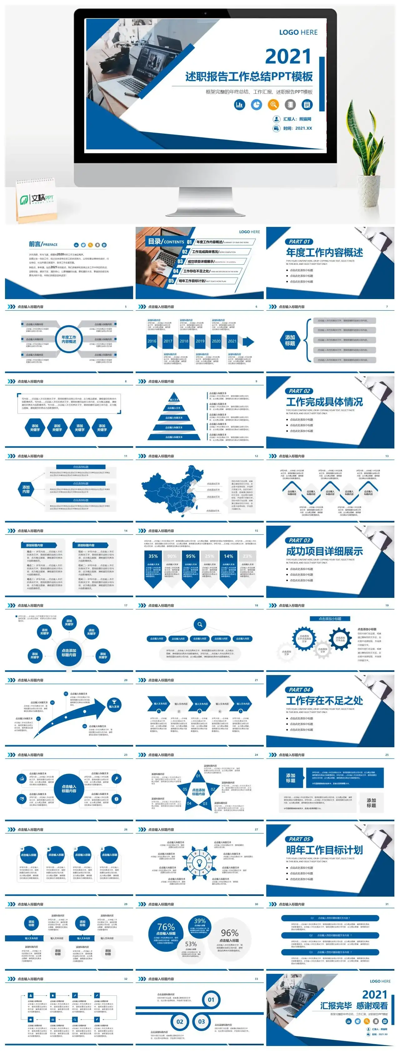 蓝色商务风述职报告工作总结PPT模板