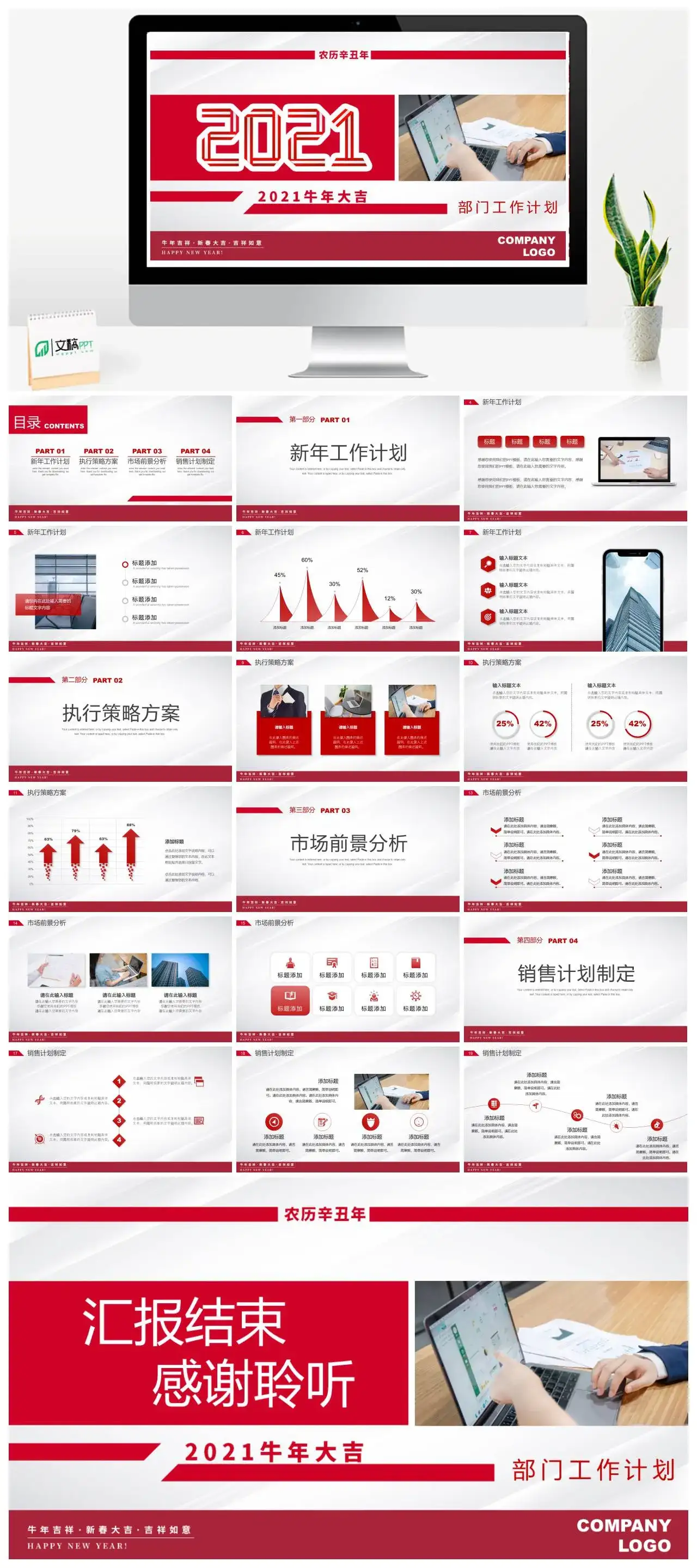 红色商务风牛年大吉部门工作计划述职PPT模版