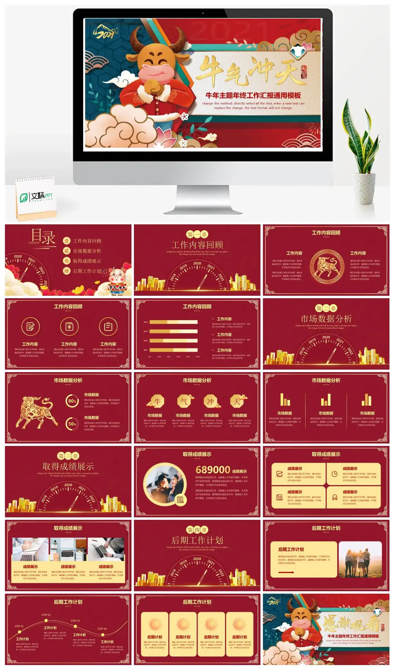 原创牛气冲天牛年主题年终工作汇报通用年终总结述职PPT模版