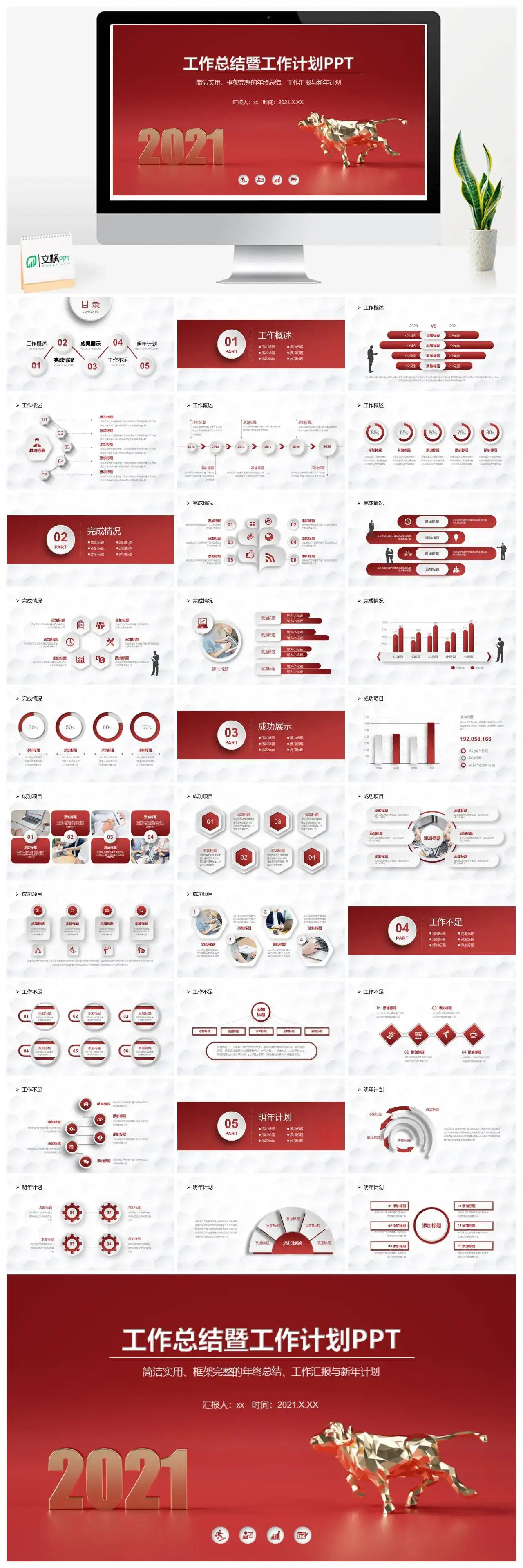 2021红色微粒体牛年简约工作总结暨工作计划述职PPT模板