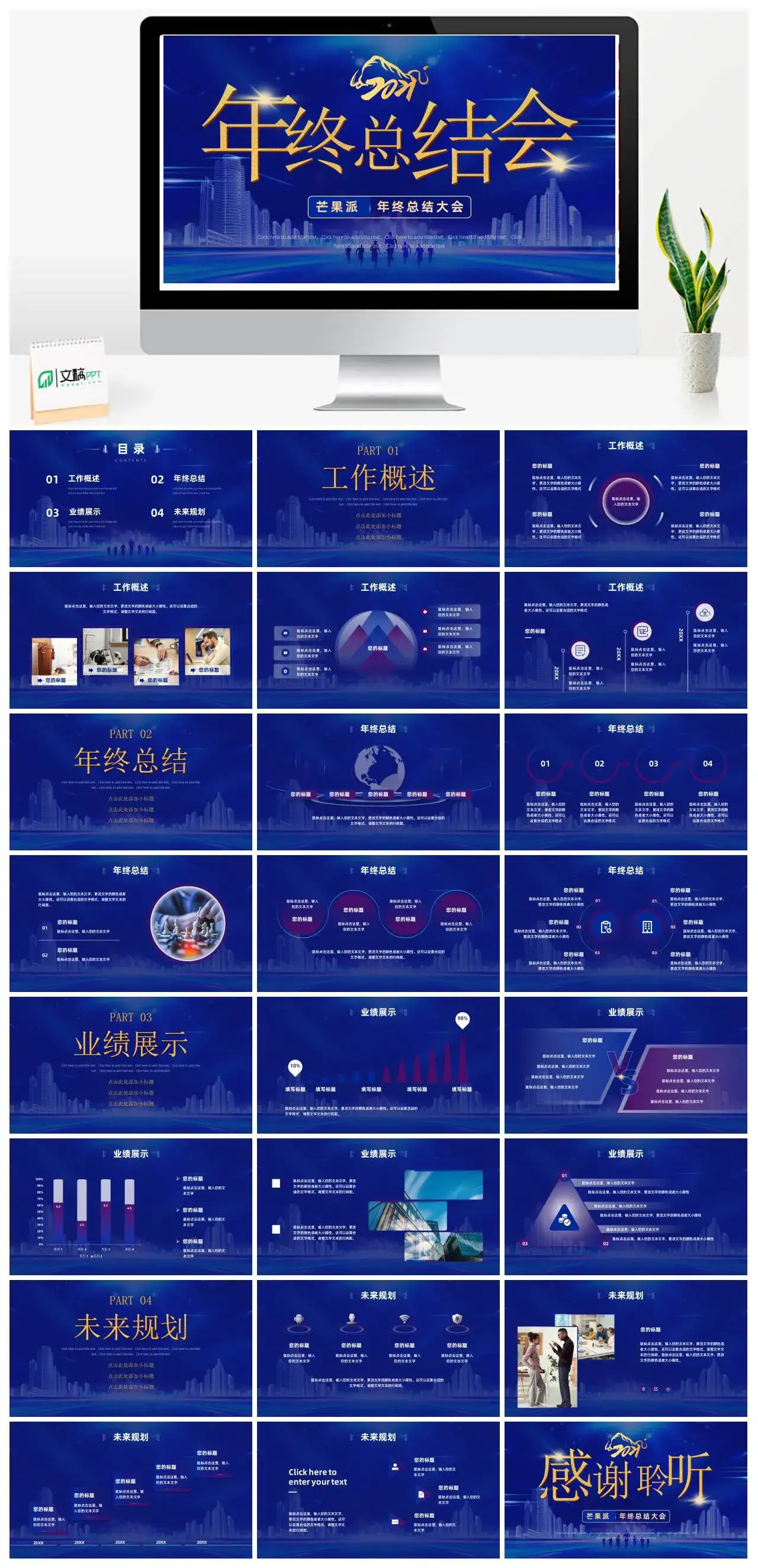原创蓝色大气年终总结大会PPT模版
