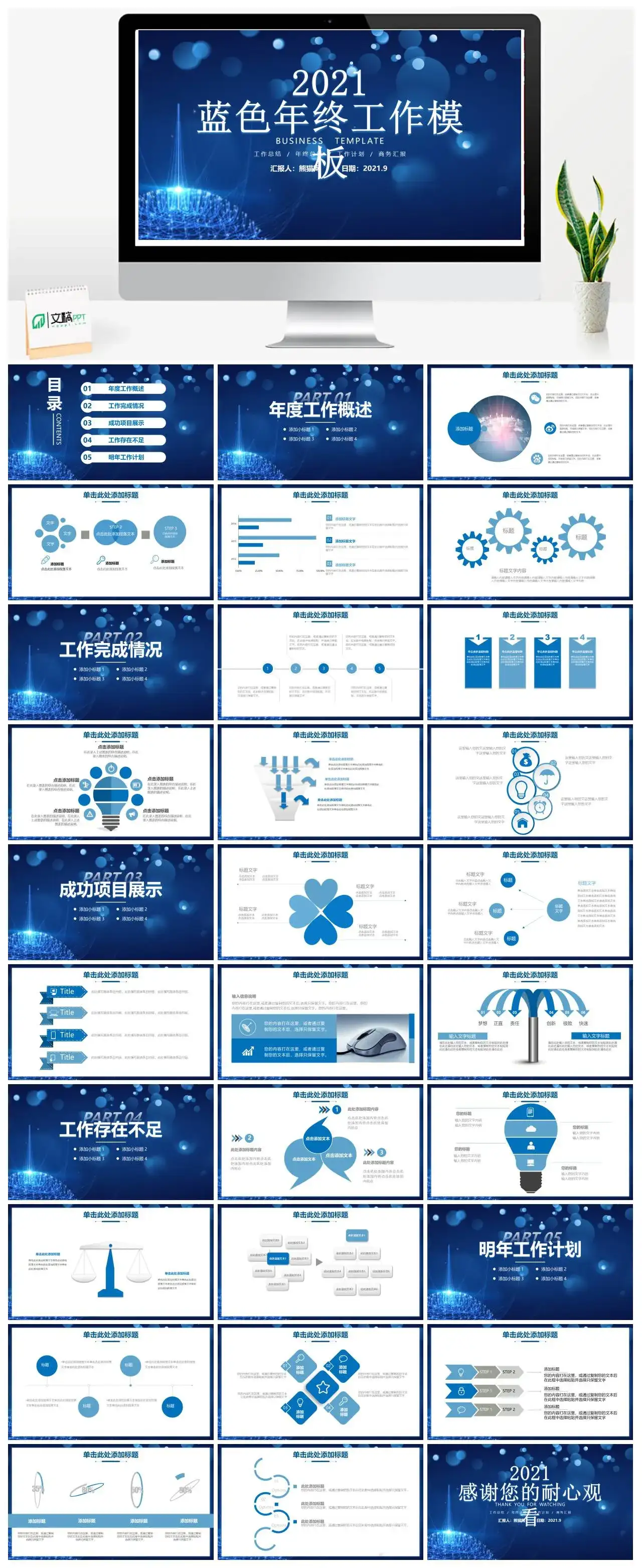 蓝色年终工作模板工作总结年终总结工作计划商务汇报述职PPT模版