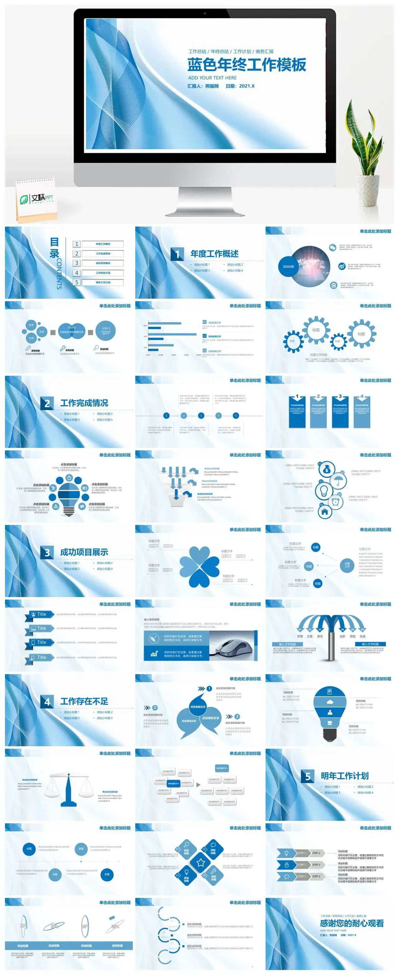 商务工作总结年终总结工作计划商务汇报蓝色年终工作述职PPT模板
