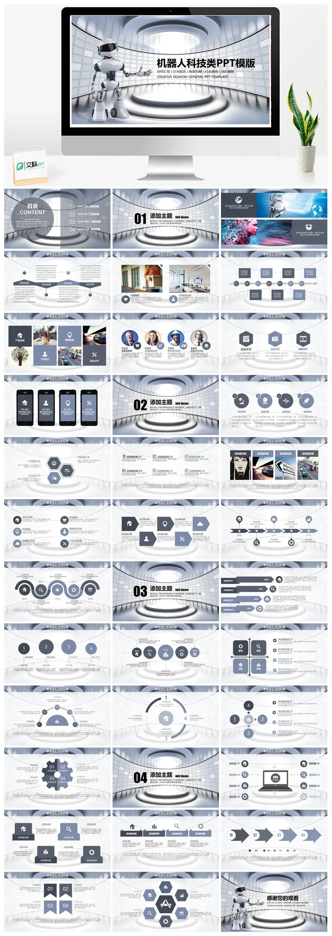 科技风机器人科技类总结汇报计划报告行业通用PPT模板