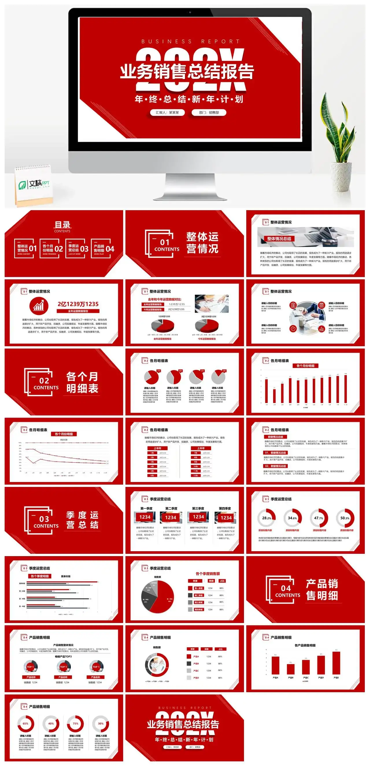 红色业务销售总结报告年终总结新年计划PPT模板