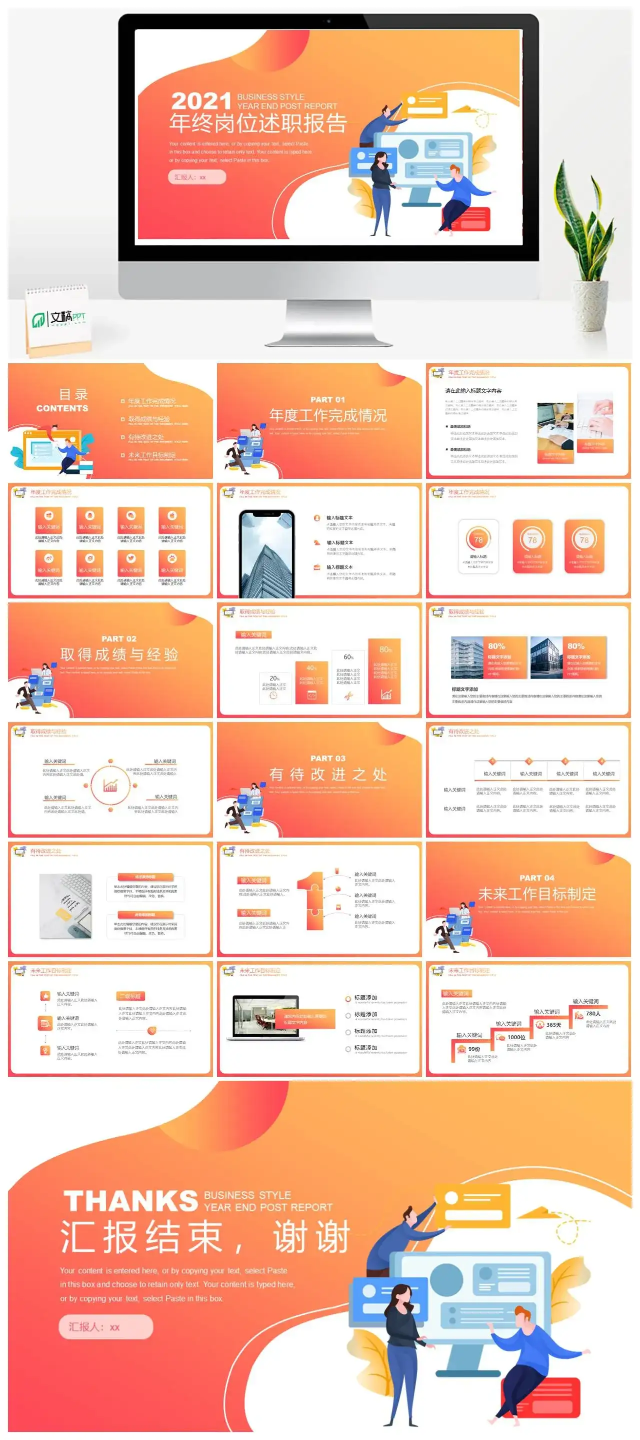 2022橙色年终岗位述职报告PPT模板