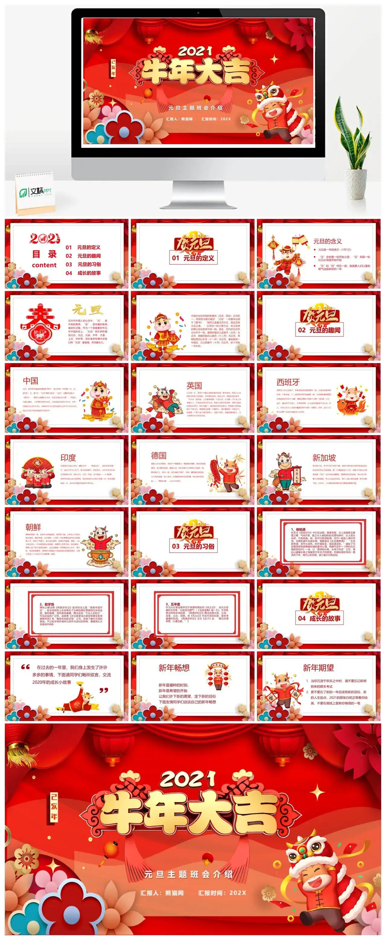 卡通红色牛年大吉元旦主题班会介绍PPT模版