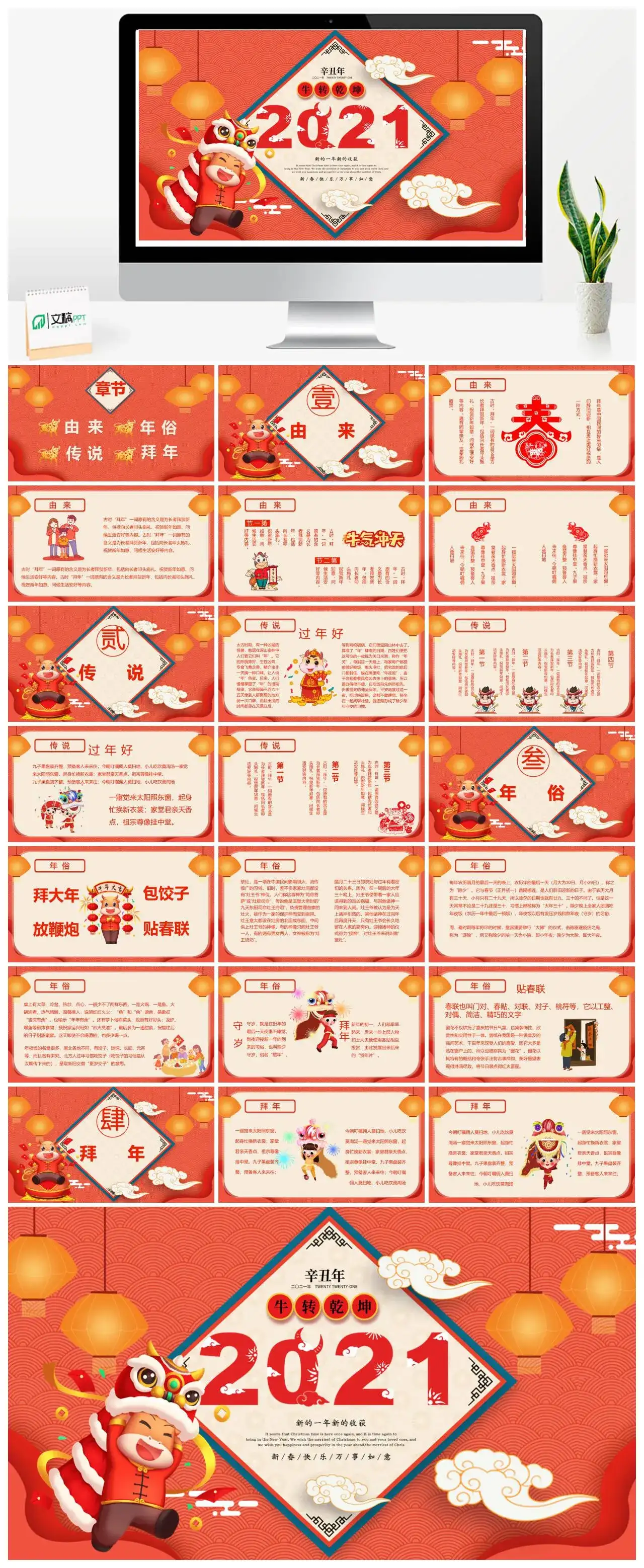 牛年卡通牛转乾坤春节介绍PPT模版