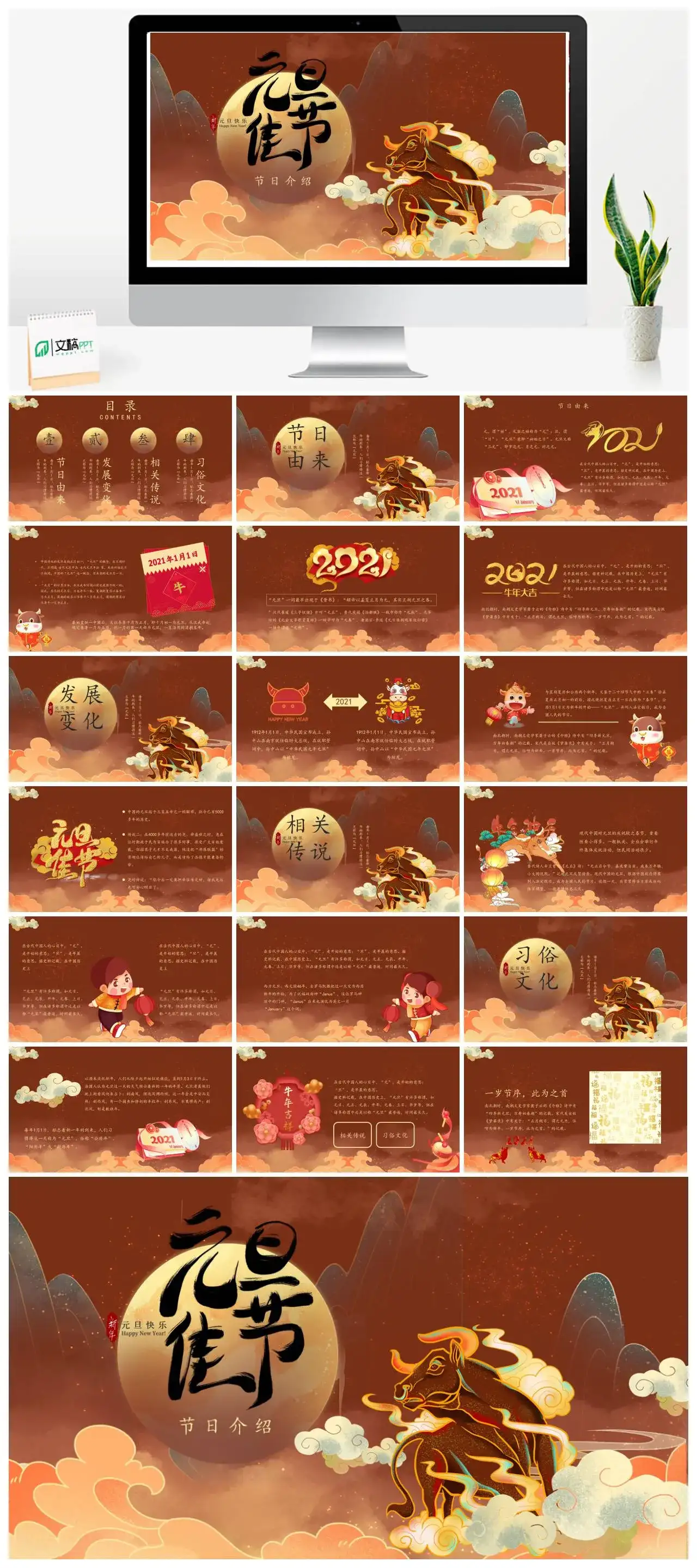 国潮风牛年元旦节日介绍PPT模版