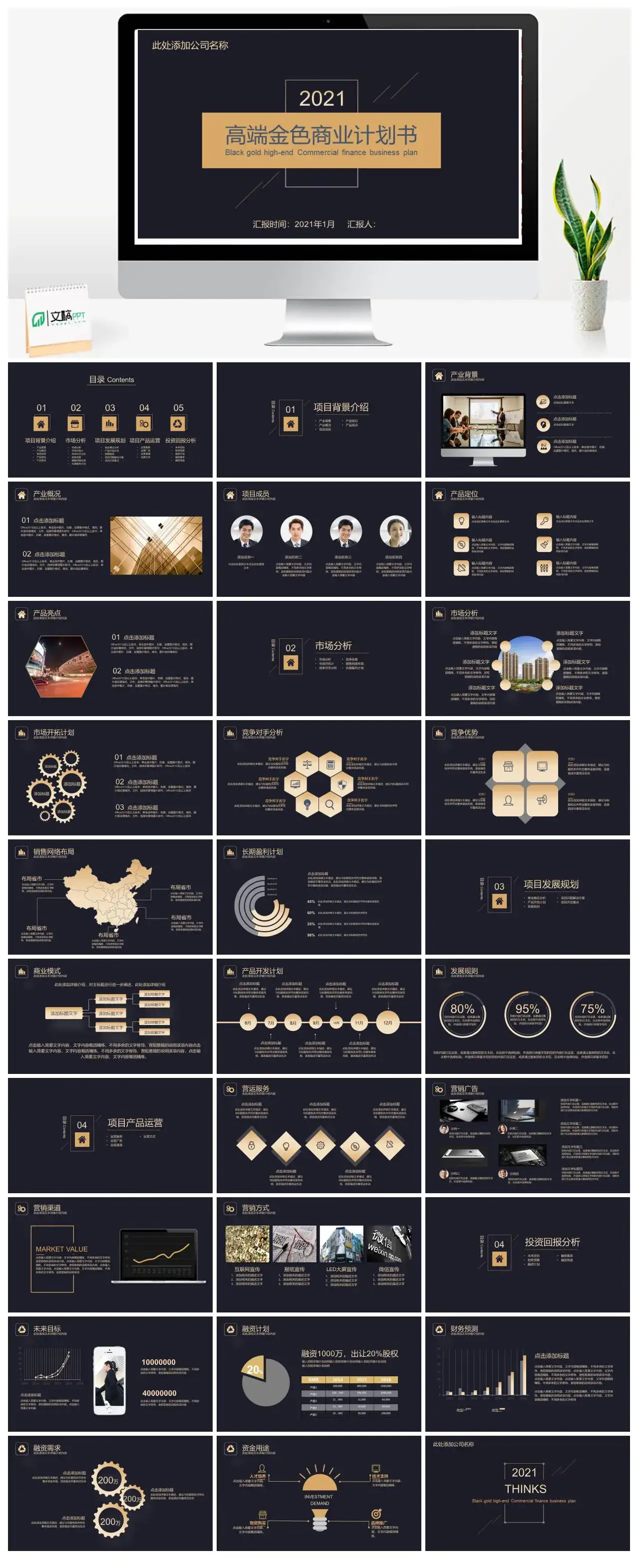 高端黑金色商务商业计划书市场分析发展ppt模板