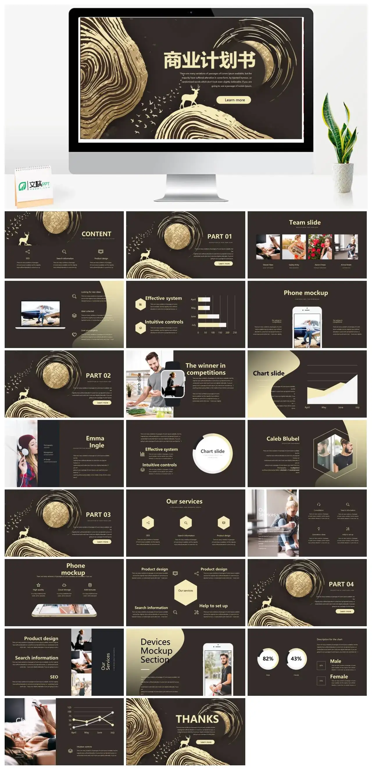 金色花纹商业计划书PPT模板