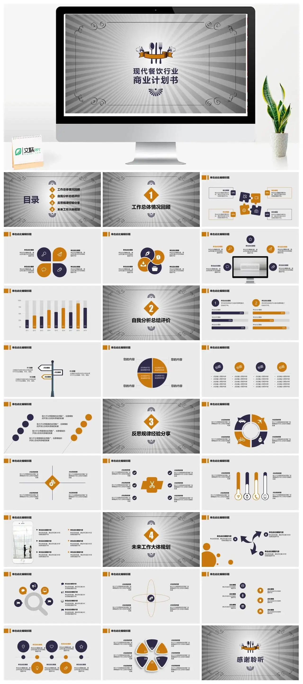 灰色简约现代餐饮行业商业计划书工作总体情况回顾工作规划PPT模板