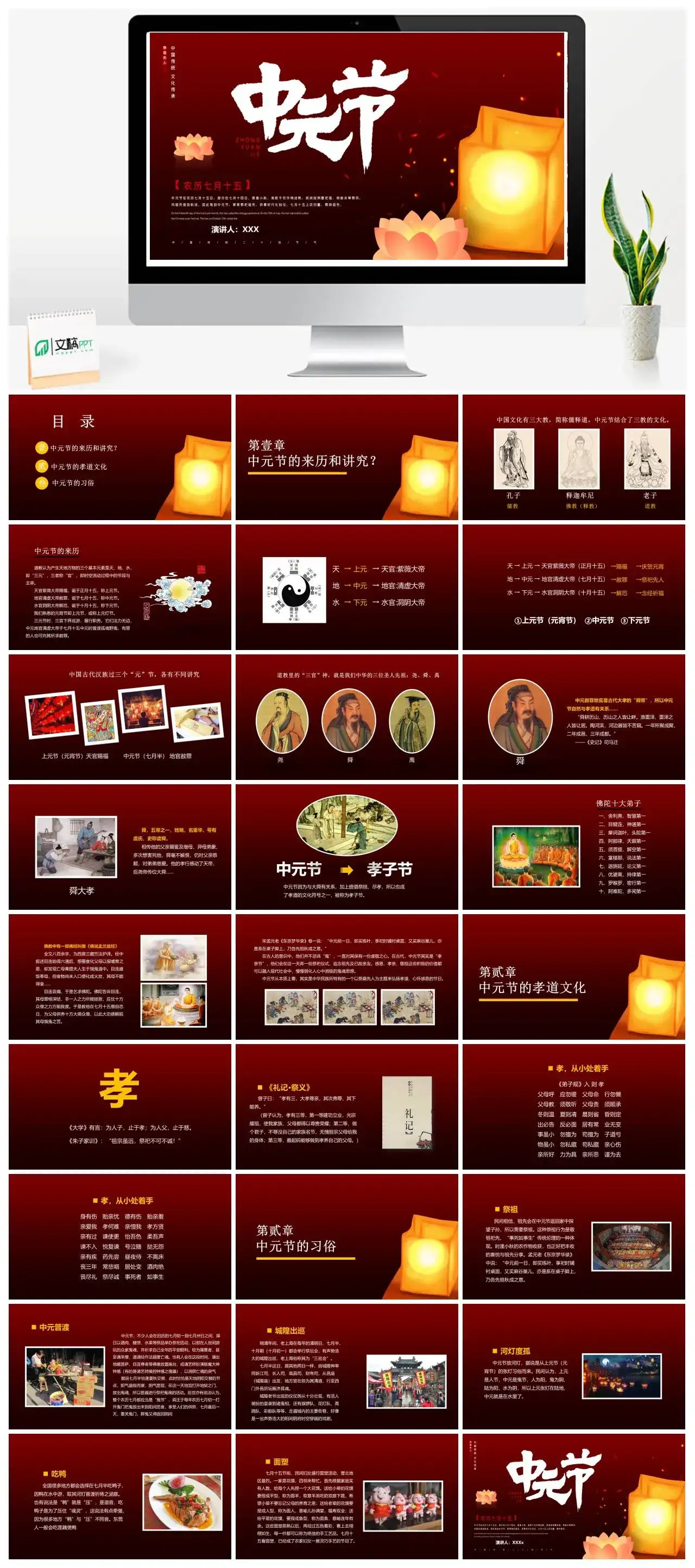 红色中国传统文化中元节介绍PPT模版