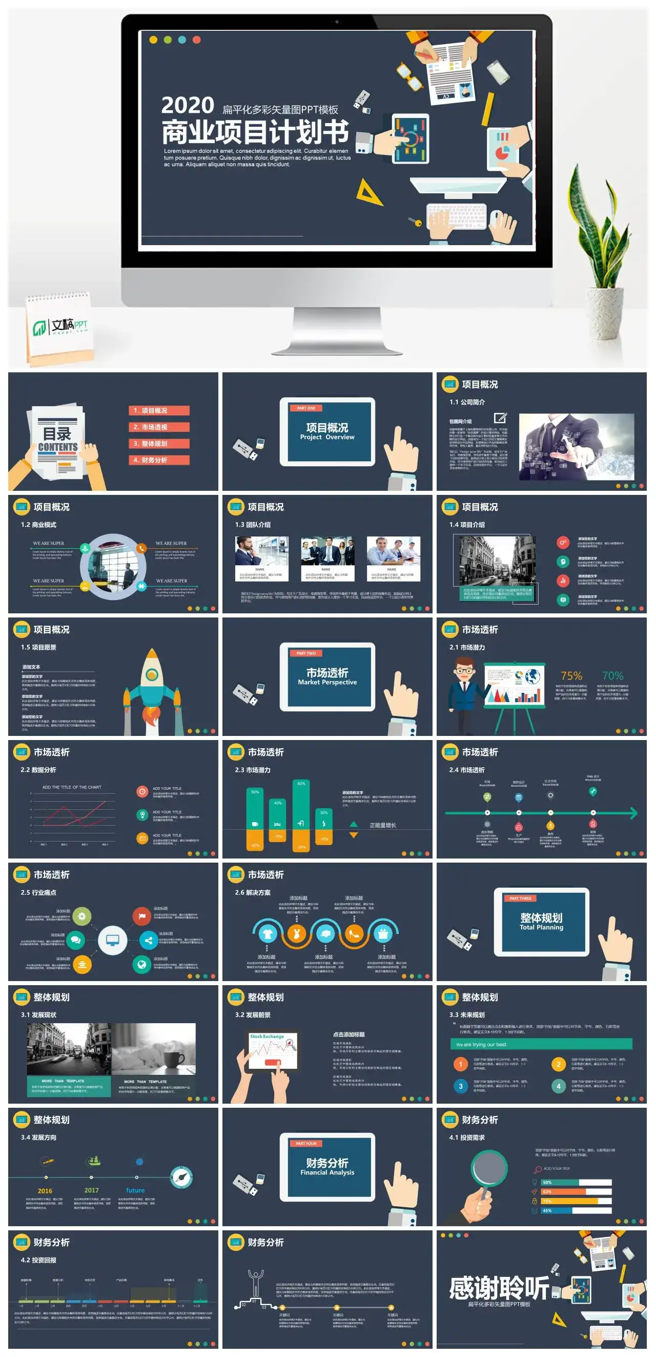 商业项目计划书扁平化多彩矢量图PPT模板