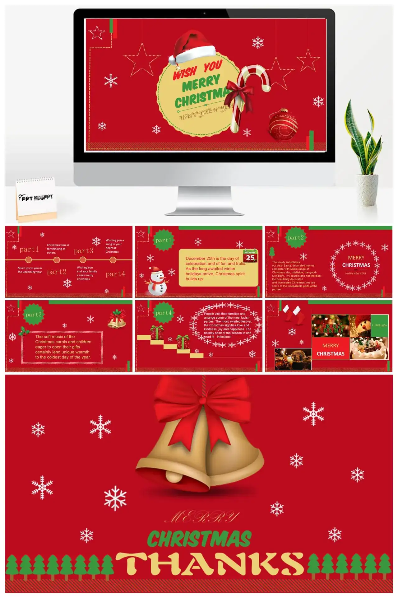 红色卡通英文版圣诞节节日介绍文化习俗介绍通用PPT模板