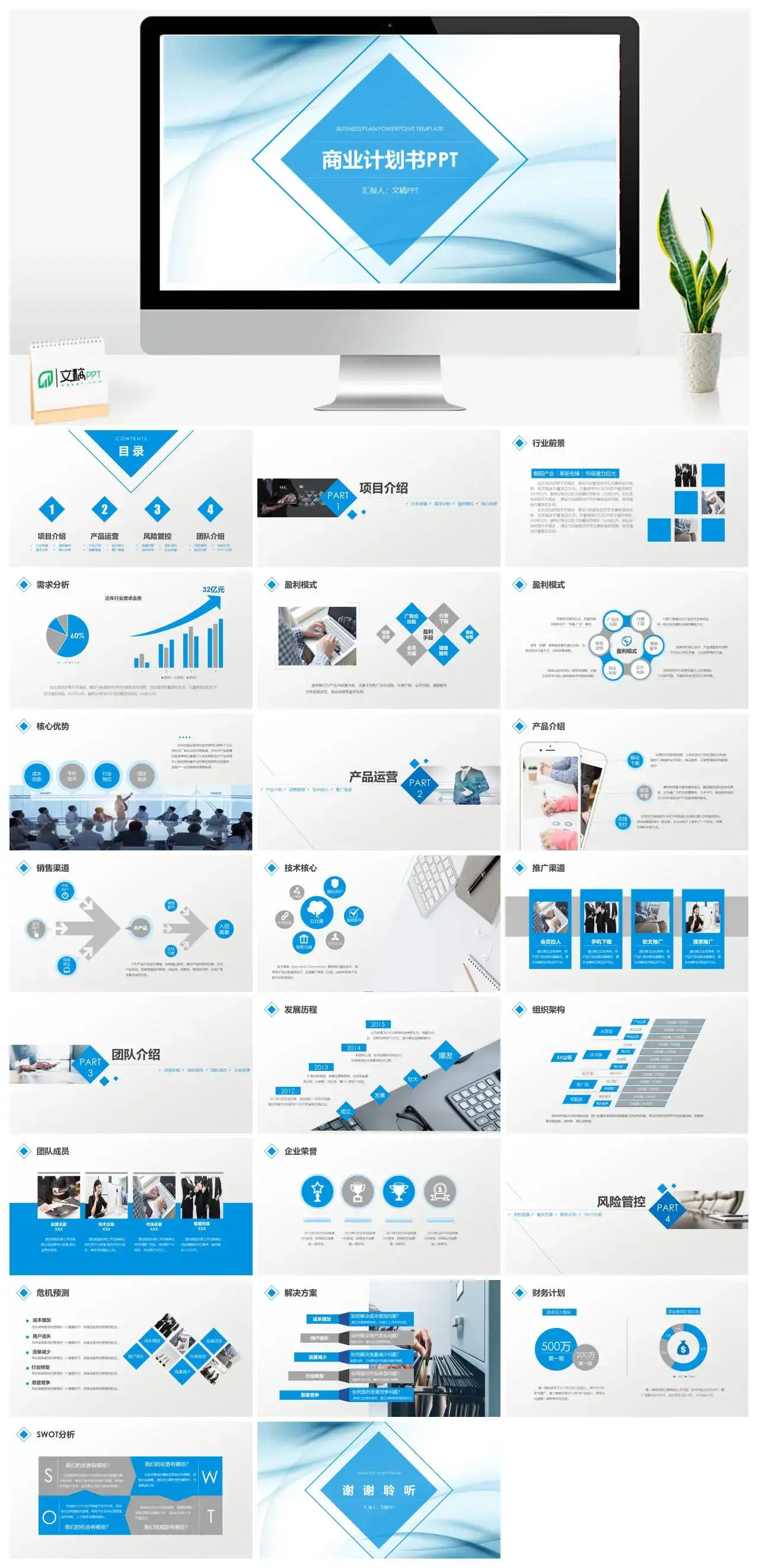 蓝色简约商业计划书PPT模板