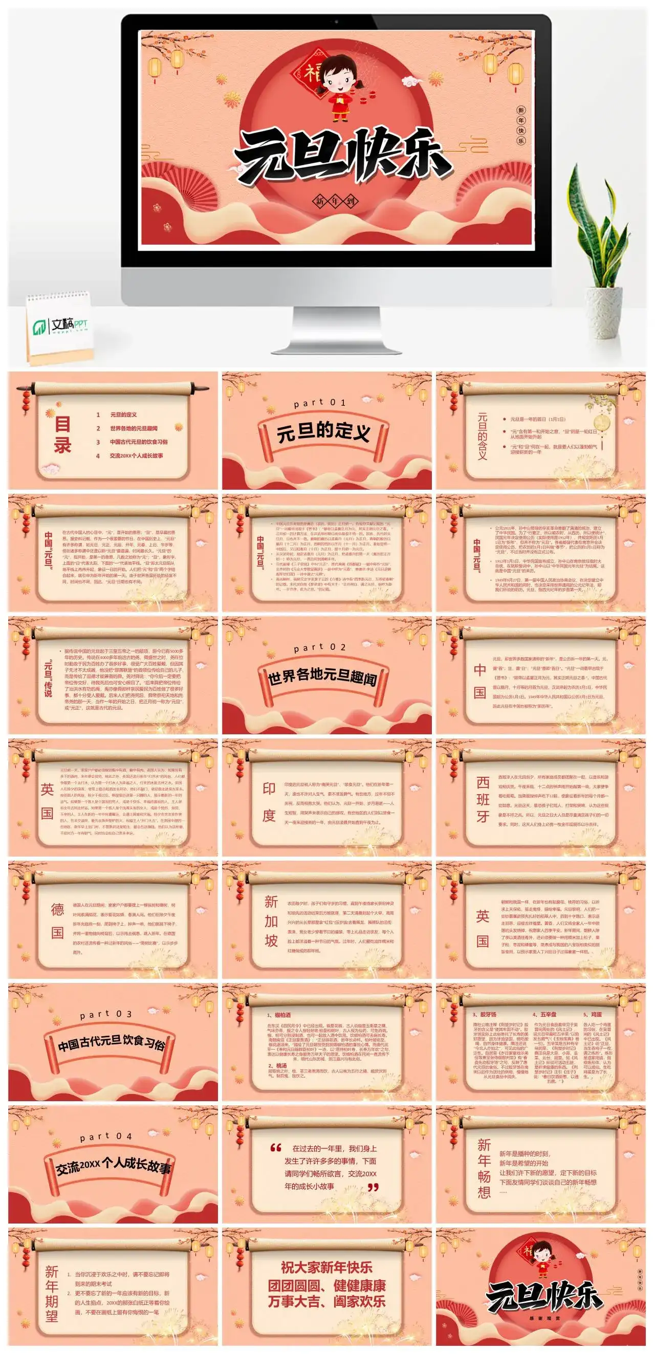红色中国风元旦快乐元旦介绍PPT模版