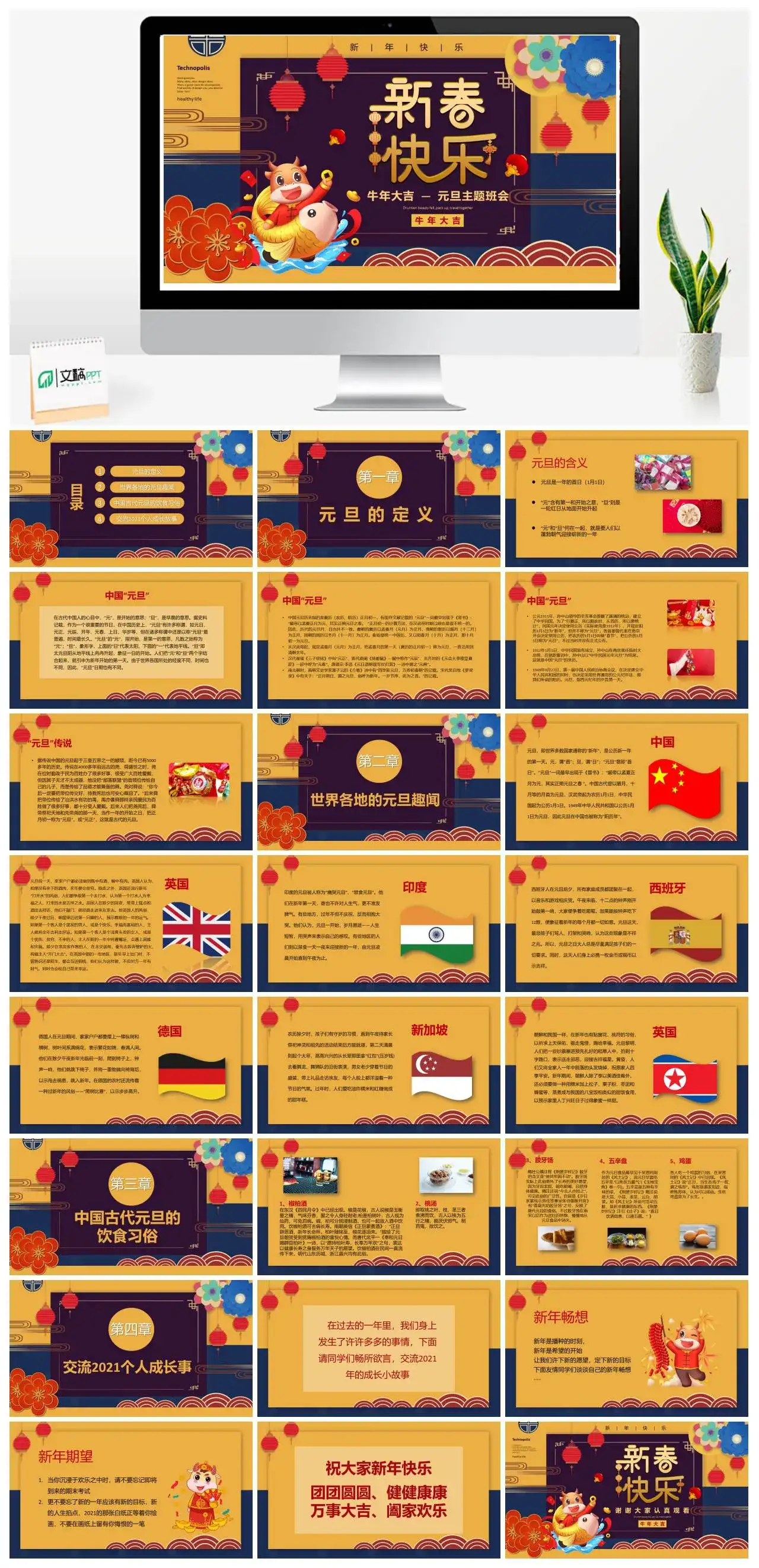 国潮中国风新春快乐牛年大吉元旦主题班会PPT模版