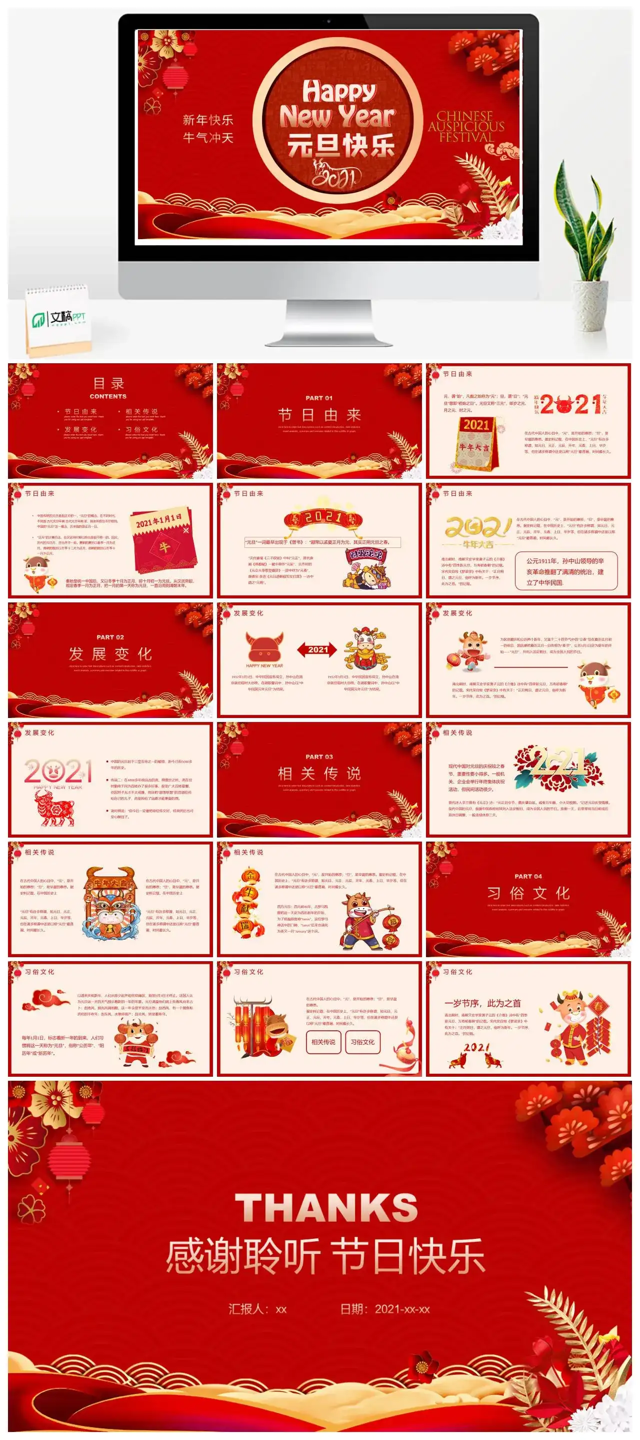 中国风元旦快乐牛气冲天元旦介绍PPT模板