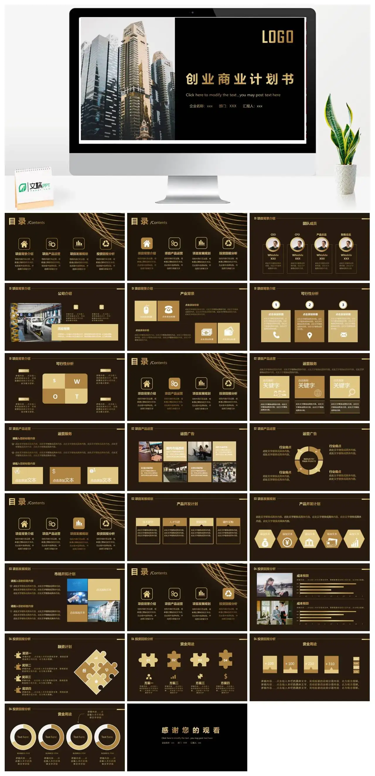 高端商务黑金创业商业计划书ppt模板