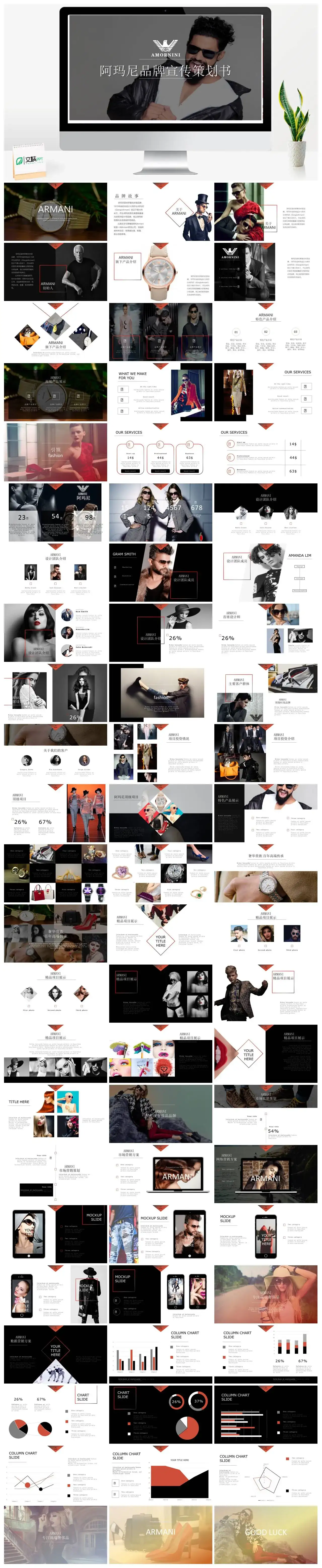 杂志风阿玛尼品牌宣传策划书PPT模板