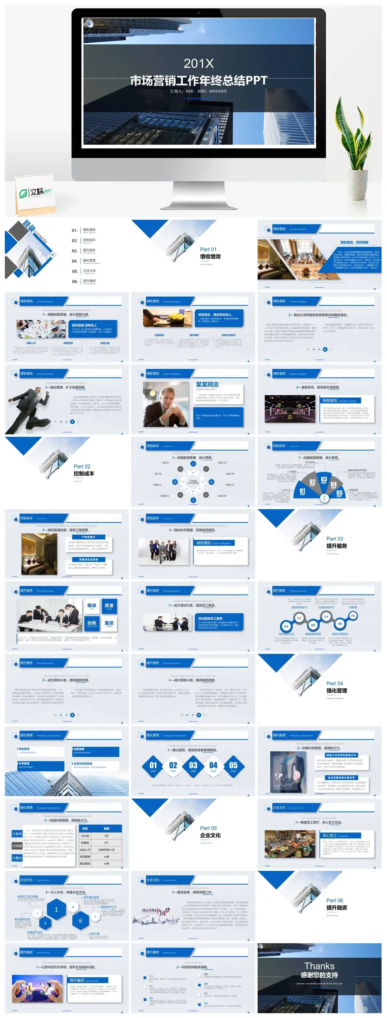 蓝色简约市场营销工作年终总结工作计划控制成本提升服务通用PPT模板