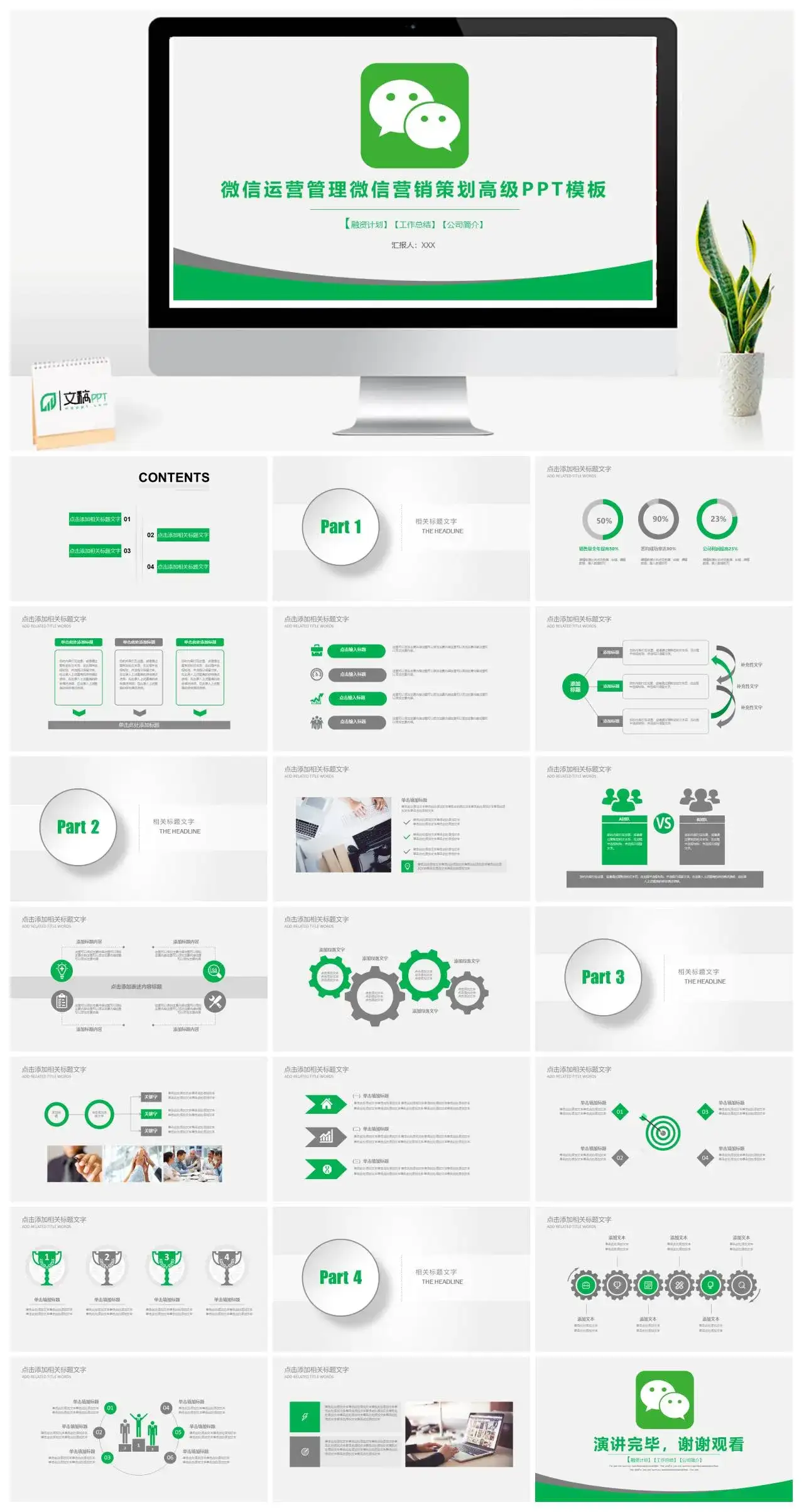 简约绿色微信运营管理微信营销策划高级PPT模板