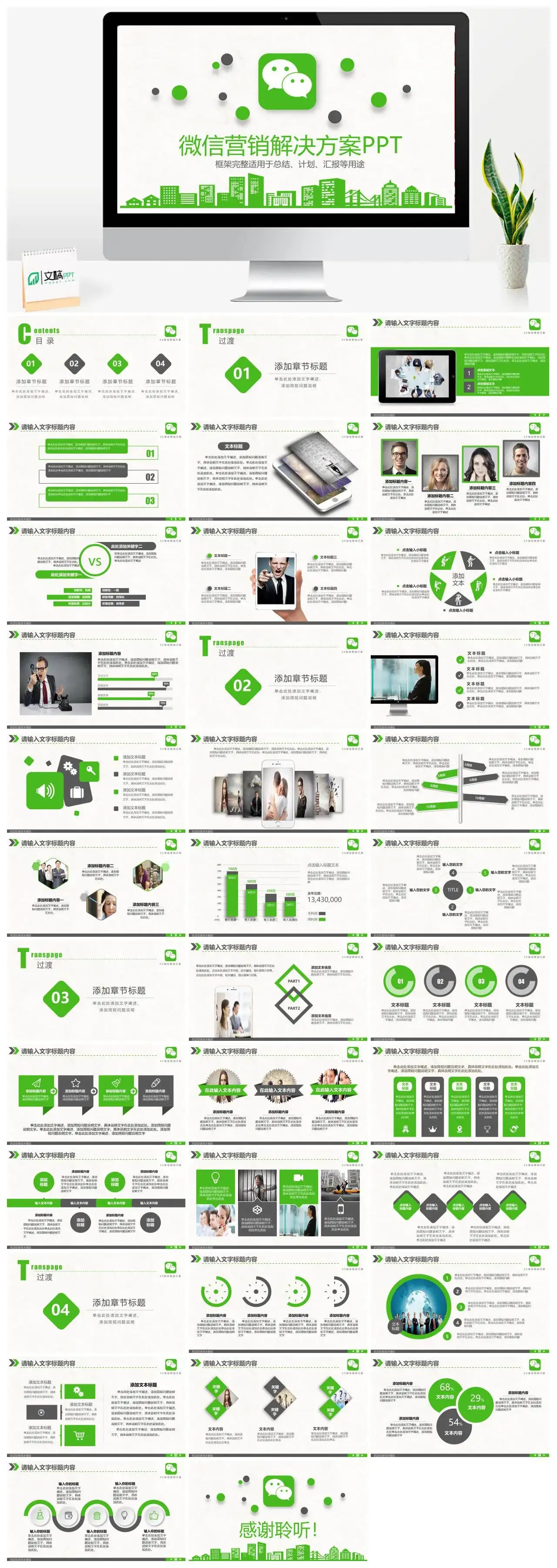 最新绿色简约微信营销解决方案PPT模板