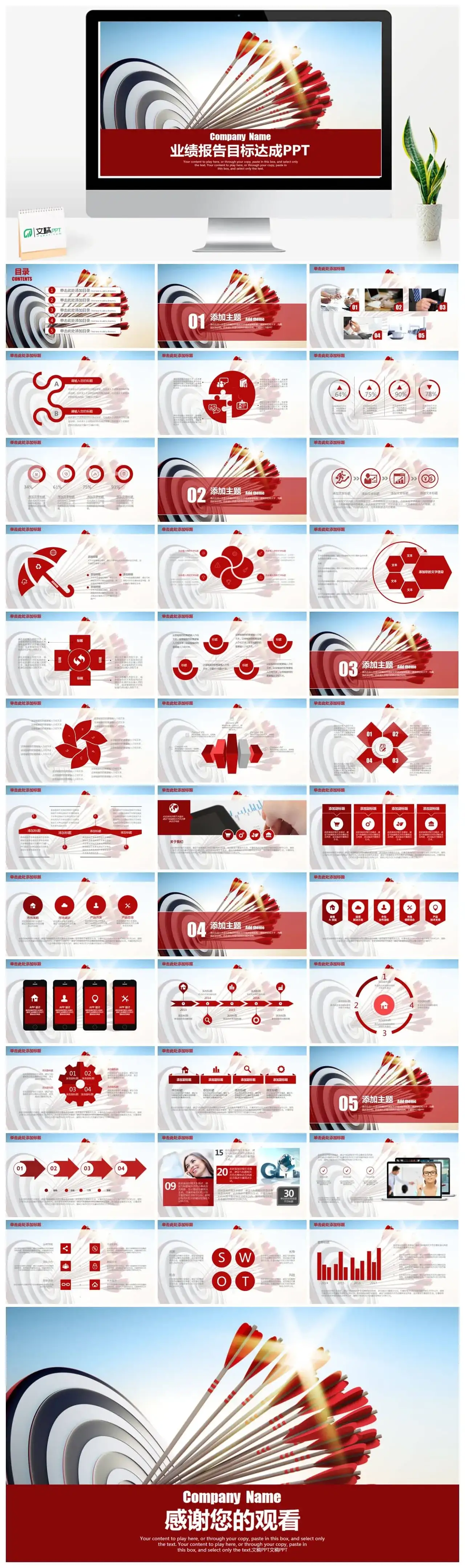 红色系业绩报告目标达成PPT