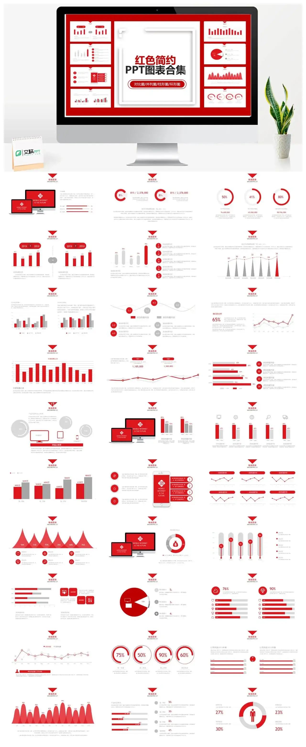 红色系红色节约图表合计PPT模板