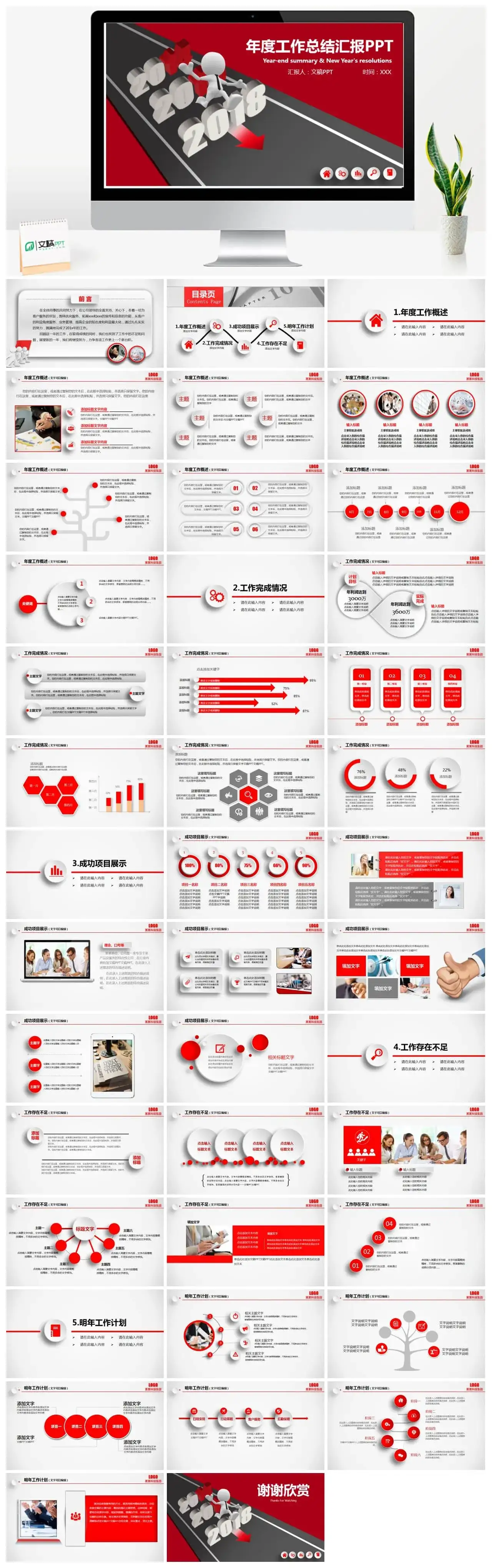 红色系年度工作总结汇报PPT素材