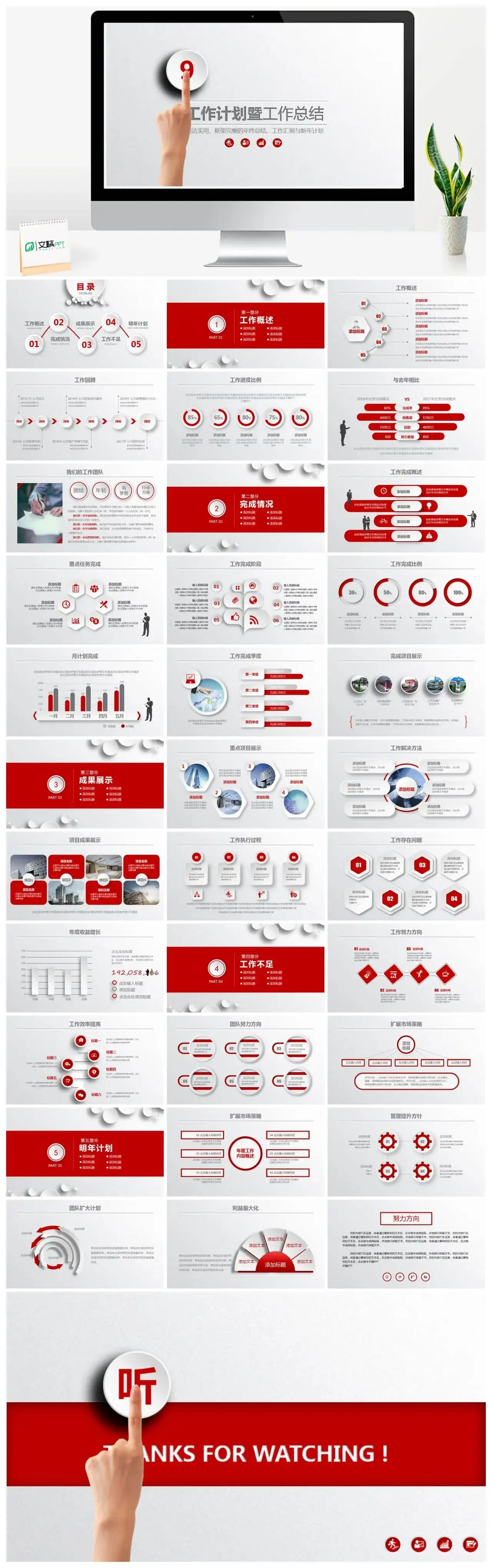 红色系简洁实用框架完整的年终总结工作汇报与新年计划