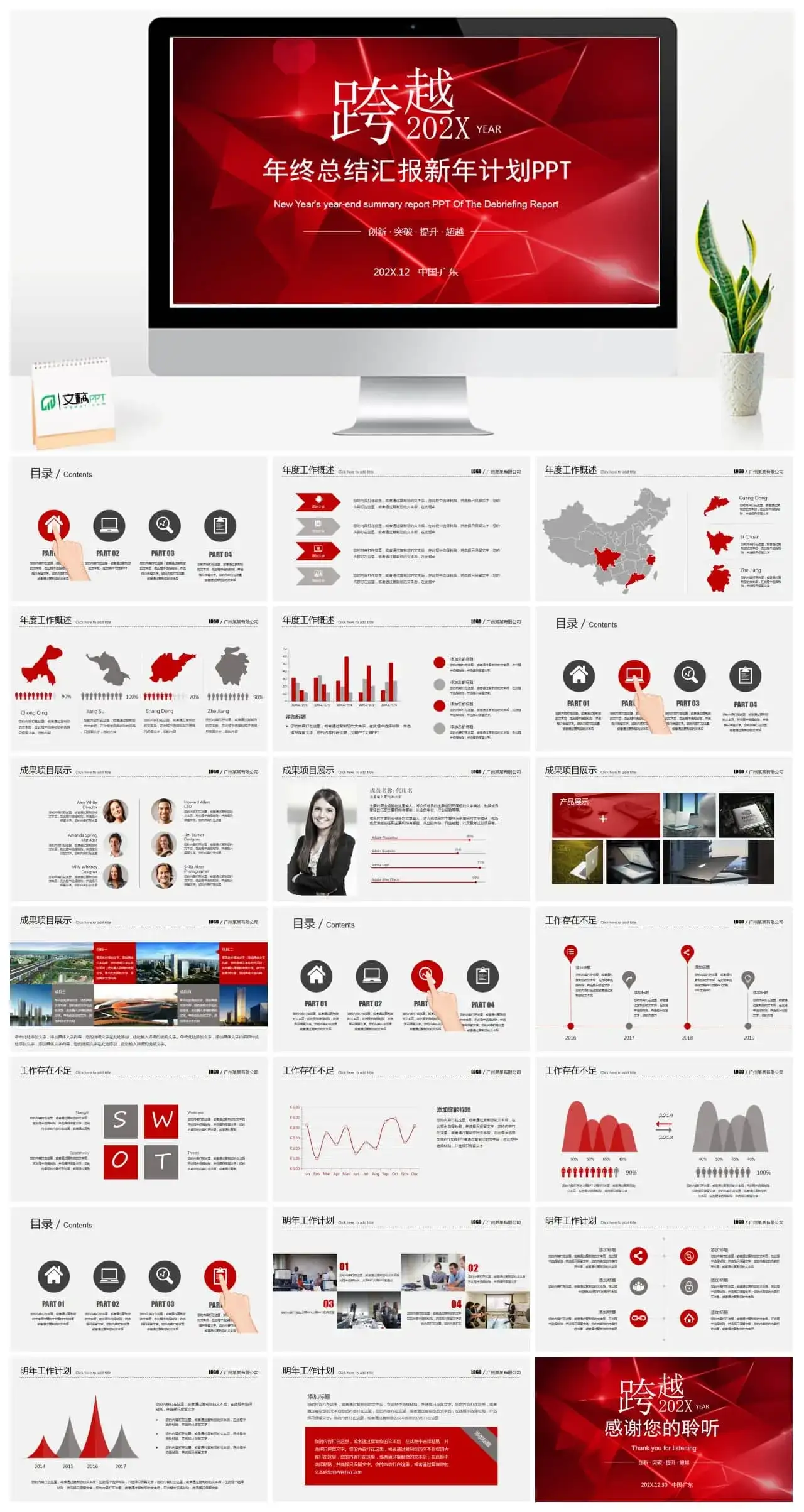 红色系跨越2022年终总结汇报新年计划PPT