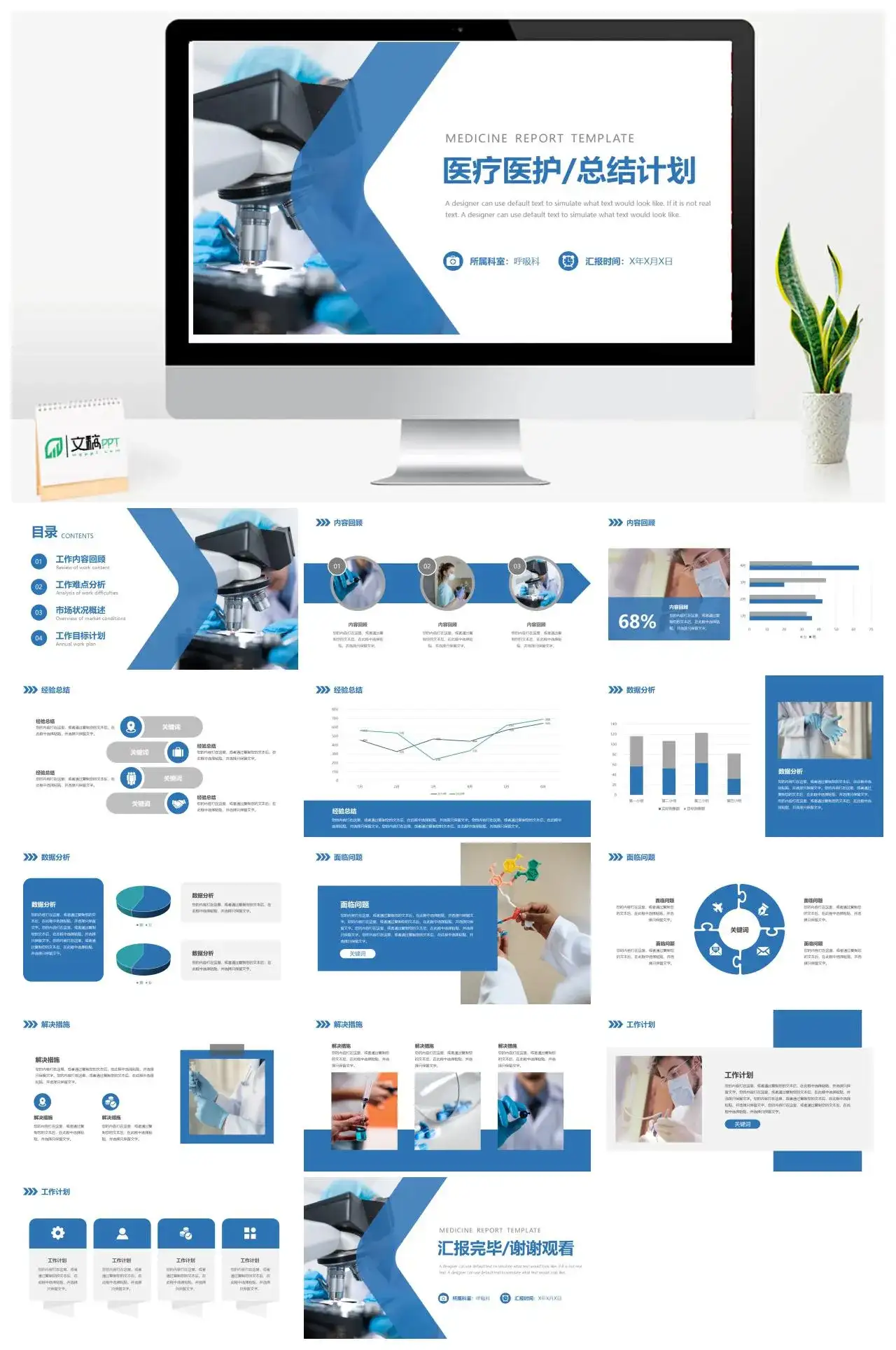 蓝色商务医疗医护工作总结计划PPT模板