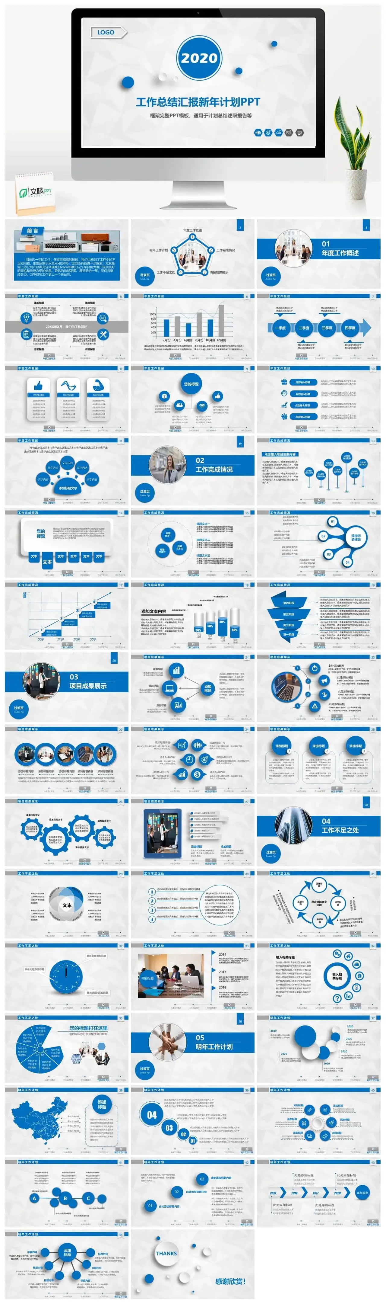 2022年蓝色商务工作总结汇报新年计划PPT模板