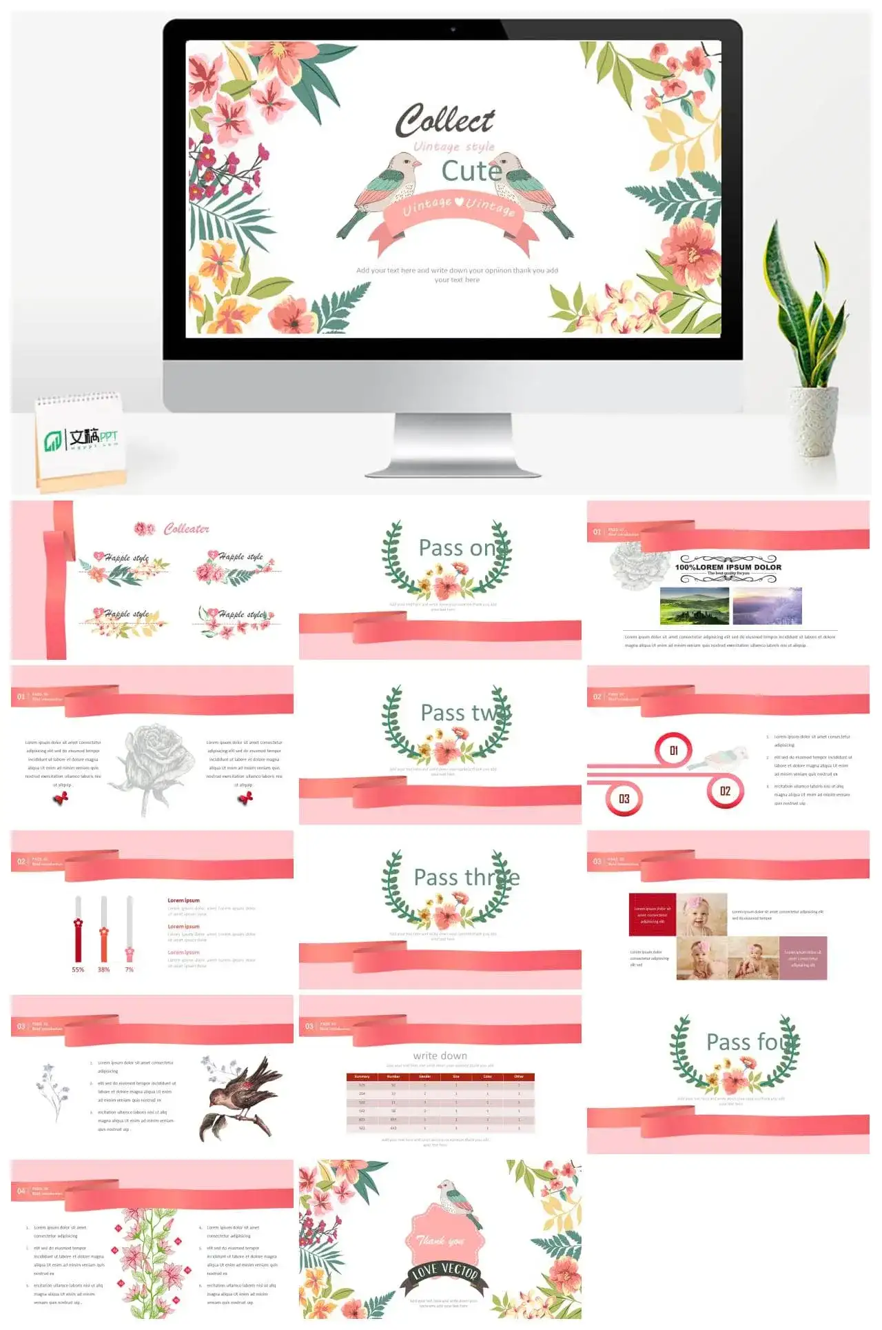 小清新复古欧式花鸟PPT模板