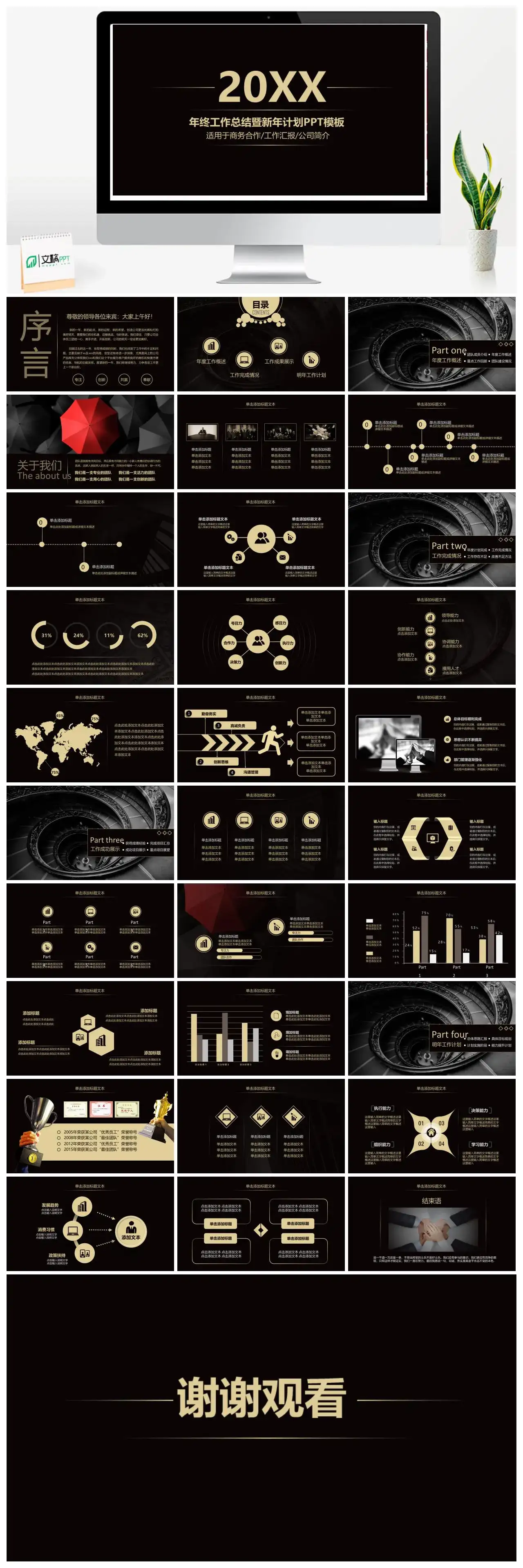黑底金色年终工作总结商务合作PPT模板