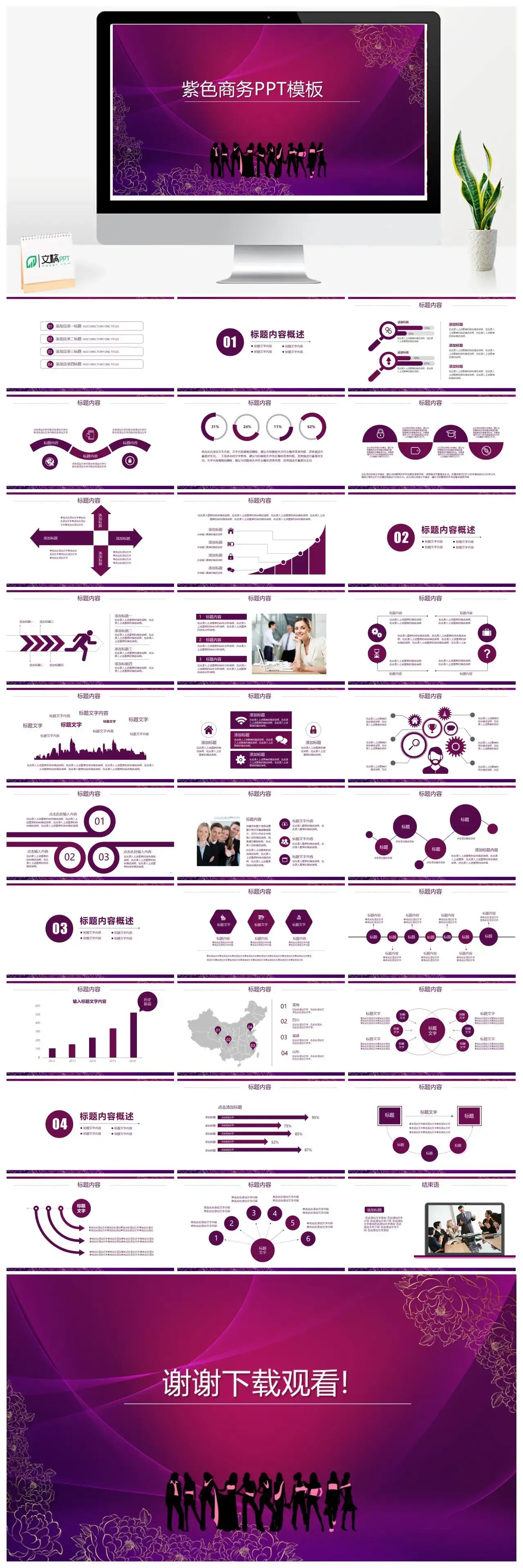 紫色工作汇报商务PPT模板
