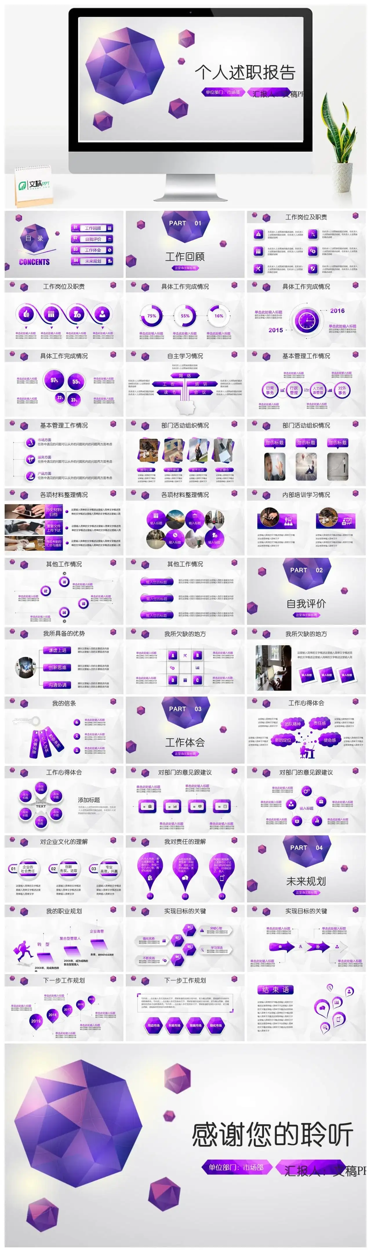 全动态紫色多边立体各位竞聘述职报告PPT