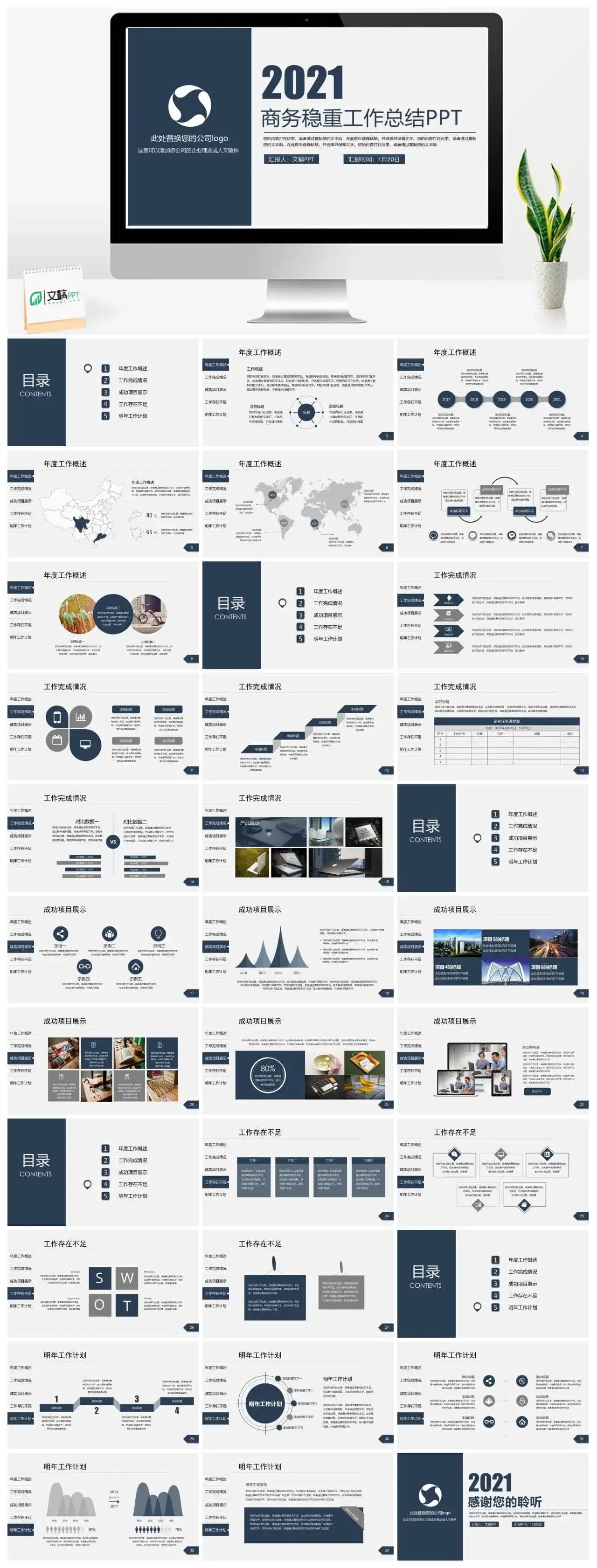 2022年商务稳重简洁工作总结计划通用PPT模板