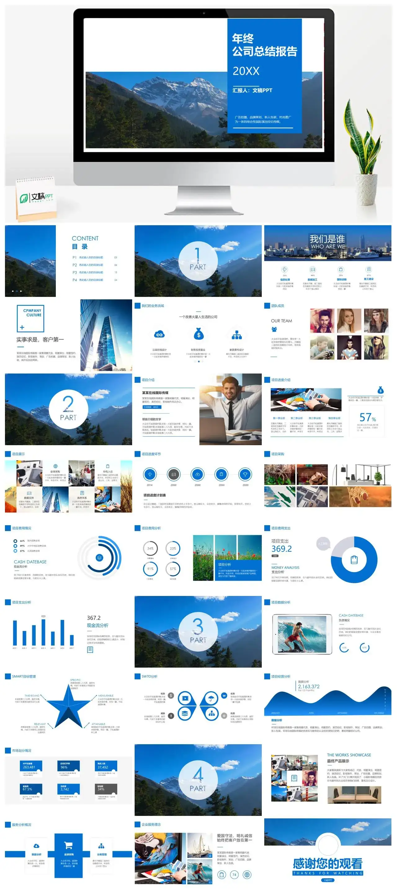 蓝色公司年终商业总结工作汇报PPT动画模板