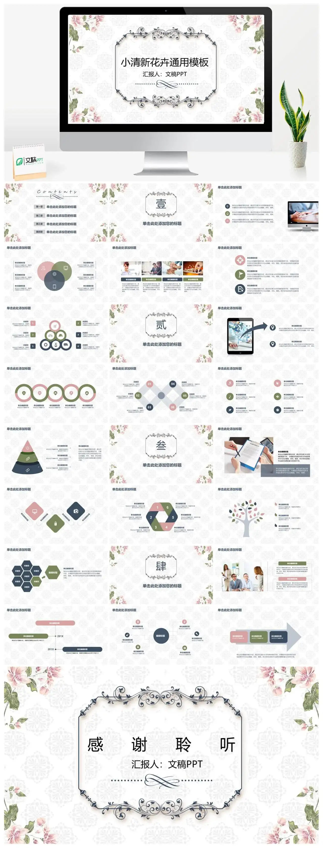 小清新花卉简约实用年终总结汇报通用模板