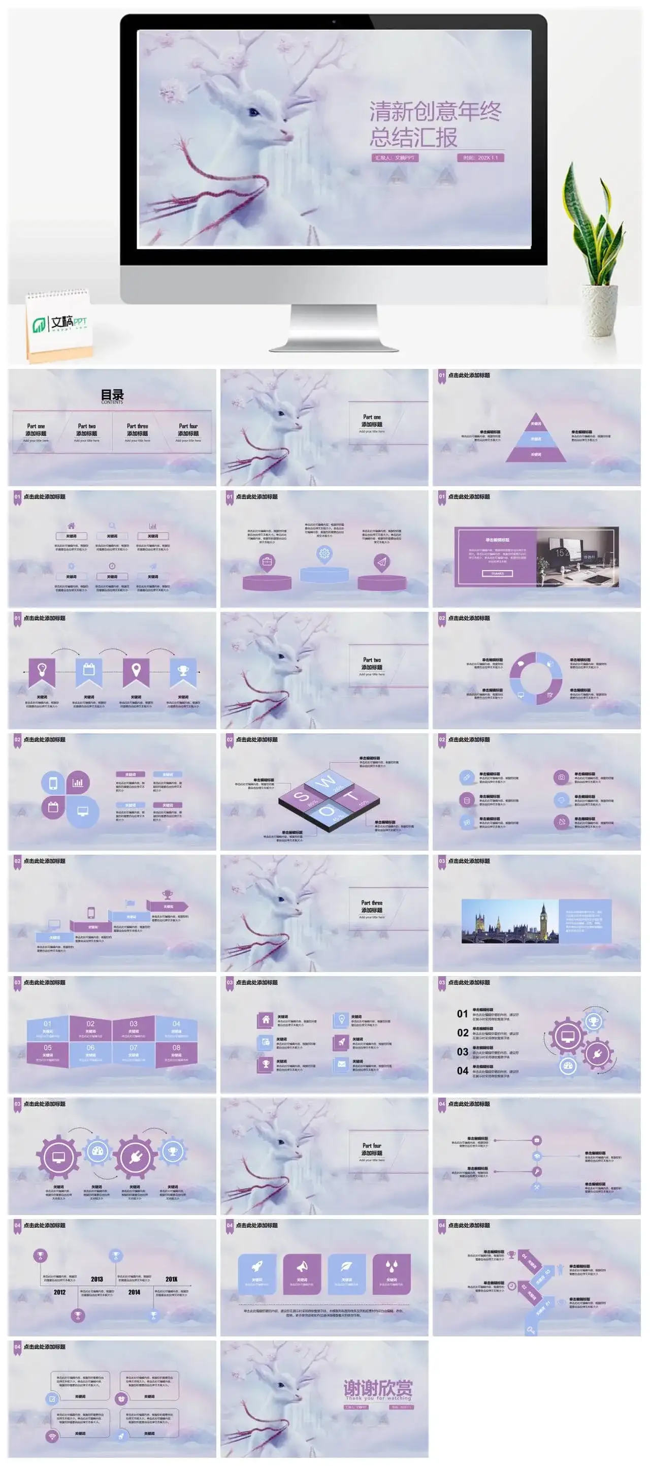 呦呦鹿鸣麋鹿创意清新年终总结汇报