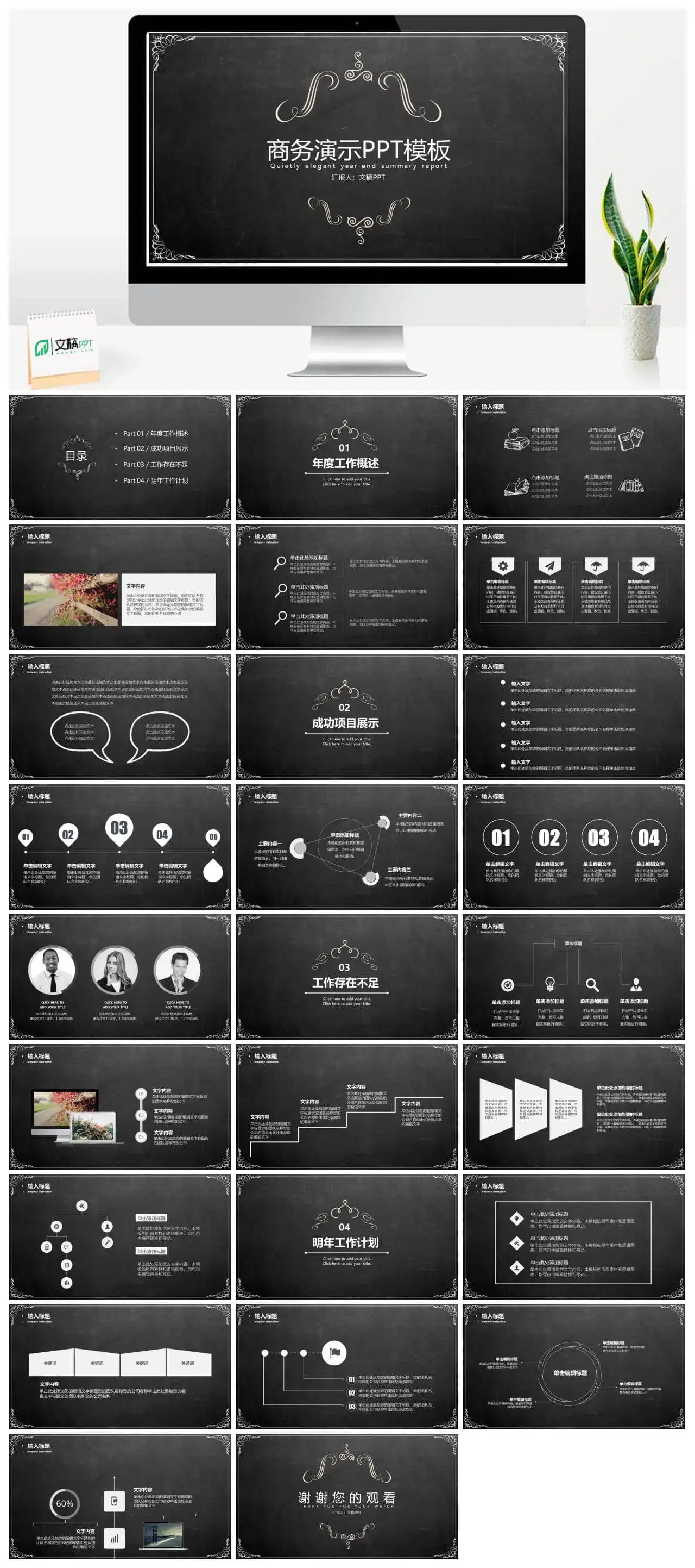 复古花纹黑板年终总结汇报模板