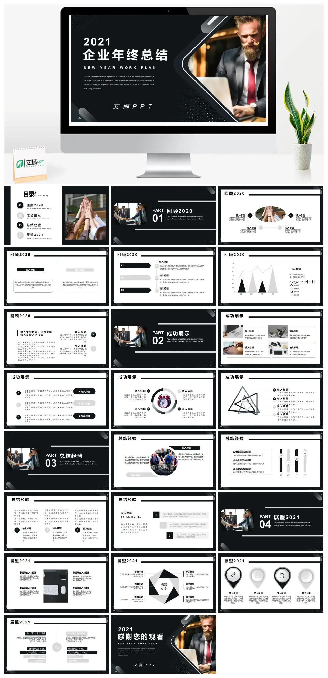 黑色简约年终工作总结通用PPT模板